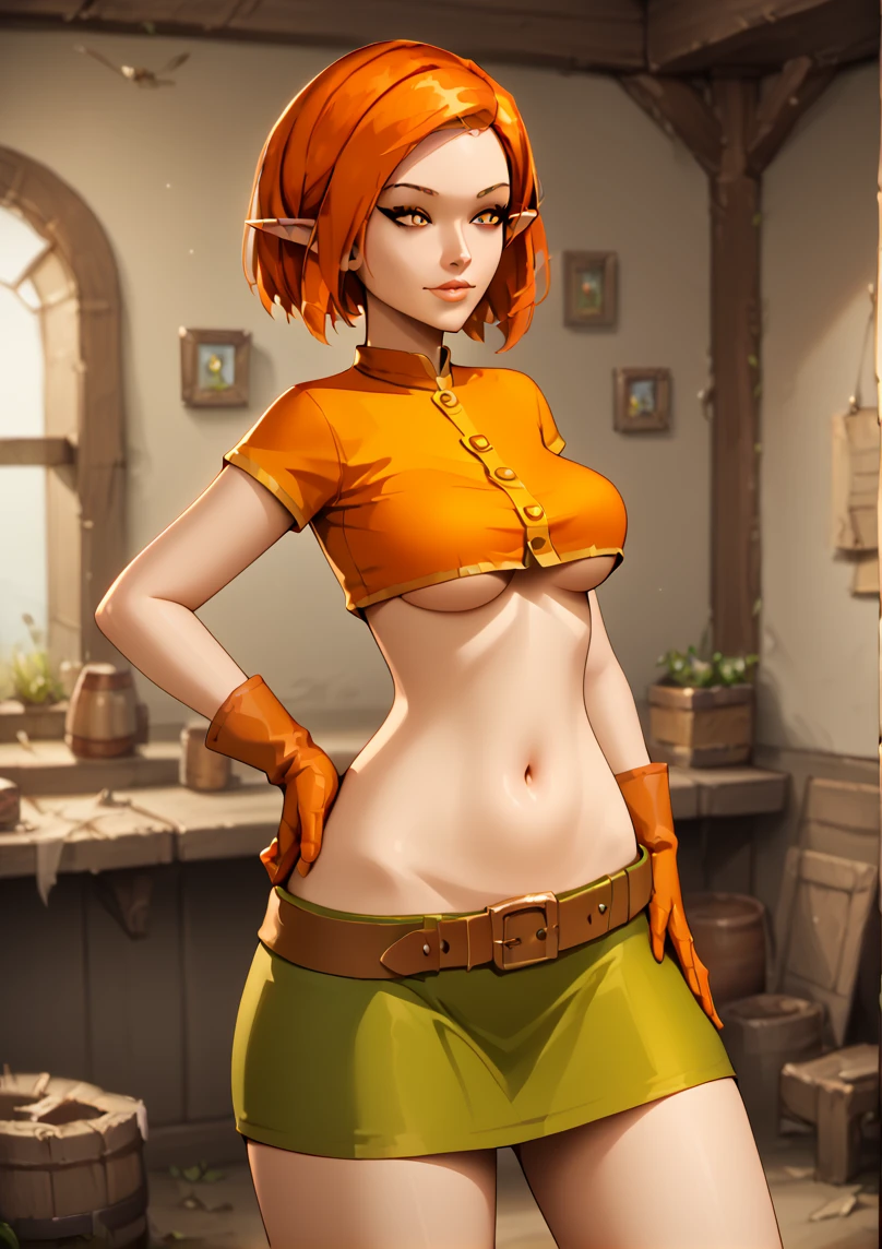 1girl, solo,
score_6, score_7, score_8, score_9,
masterpiece, best quality, highly detailed, 
<lora:Female_Cra_Retro_V2.0:0.85> orange hair, orange eyes, short hair, elf ears, underboob, orange crop_top, belt, green skirt, thighs, standing, midriff, navel, (yellow hem), (yellow buttons), gloves, short hair, (tall:0.8), 
upper_body, inn room, indoor, hand on hip, skimpy, bedroom eyes, 
 <lora:lowleg_v0.4-pony:1.1> lowleg skirt, nsfw,