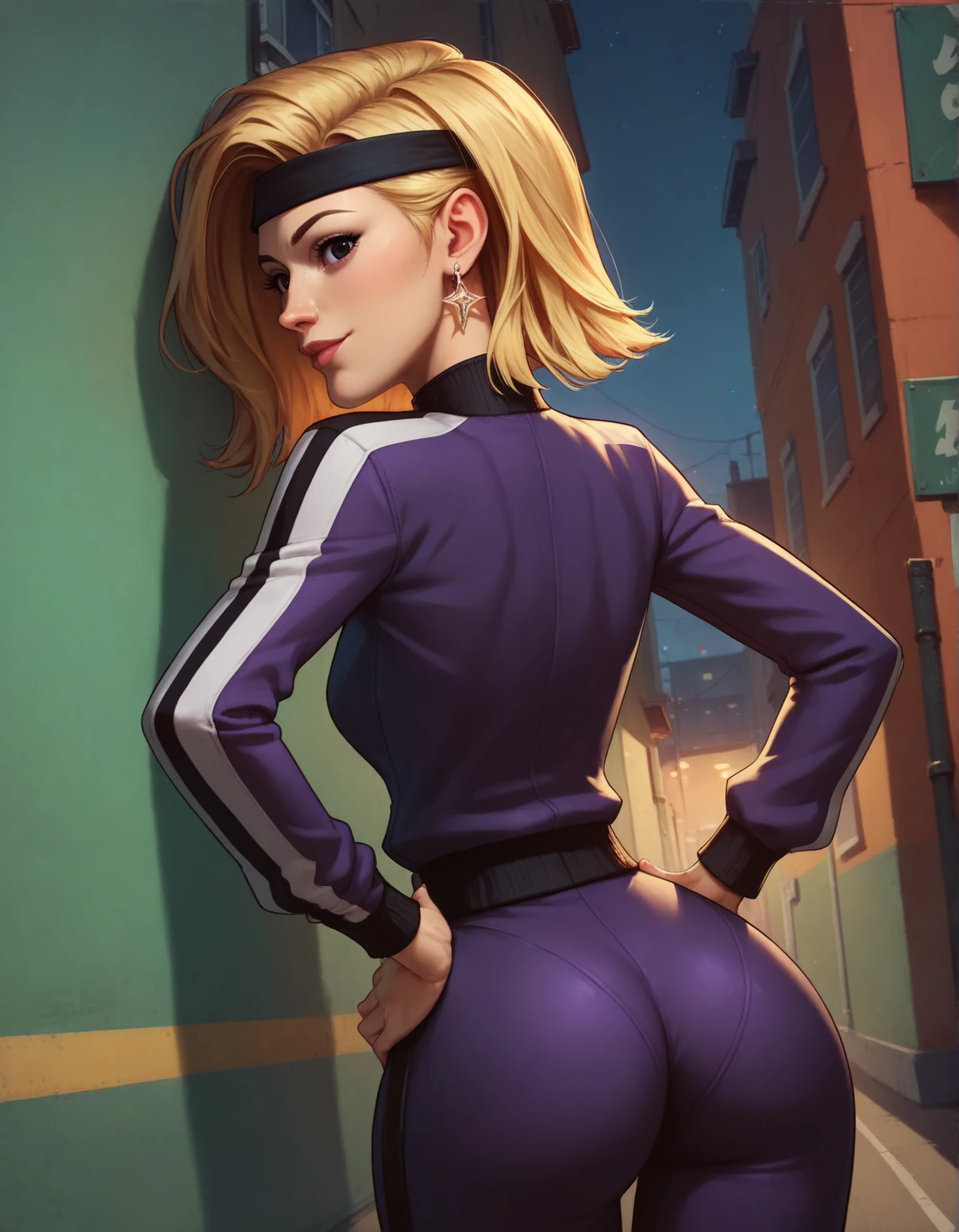 score_9, score_8_up, score_7_up, rating_explicit, 
 night, city,
<lora:coach_greer:0.7> blonde hair, headband, coach_gre3r, medium hair, purple tracksuit, slim, wide hips, mature woman, black eyes, lipstick, earrings
1 girl, cute, ,  , eyeliner,  , head tilt, rear view, round ass, dutch angle, close-up, looking at viewer, looking back, hands on hips,, <lora:hand 4:0.5> hand person, 
<lora:feet v3:0.5> feet style, 
<lora:Eyes_High_Definition:0.25> eyeshd, score_9, score_8_up, score_7_up, intricate details, rating_safe, fantasy setting,
depth of field, detailed background,
<lora:ral-chrosc-clr:0.5>, ral-chrosc-clr,
<lora:Expressive_H:0.5>, expessiveH,
<lora:xl_more_art-full_v1:0.3>,
<lora:add-detail-xl:0.3>