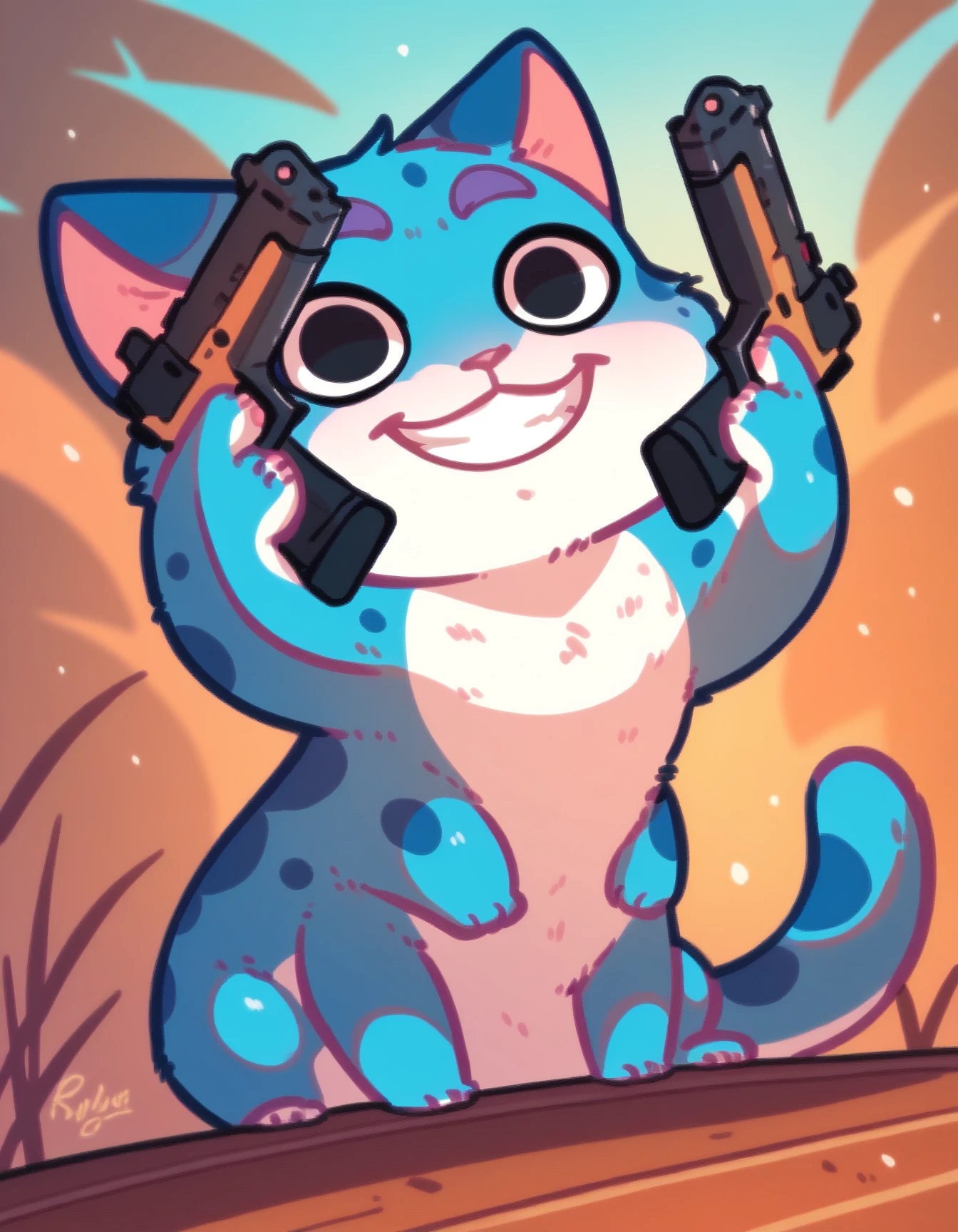 score_9, score_8_up, score_7_up, score_6_up, chibi, solo, feral
Kus1cat, blue fur, two tone fur, large black eyes, 6 arms, purple eyebrows, spots, 
handsgun, holding guns, holding weapons, wielding, finger on trigger, smile, grin, crazy eyes, outside
<lora:DanielRadcliffeHoldingTwoGunsMeme_pdxl_Incrs_v1:1>
 <lora:Kus1cat_XL:0.9>