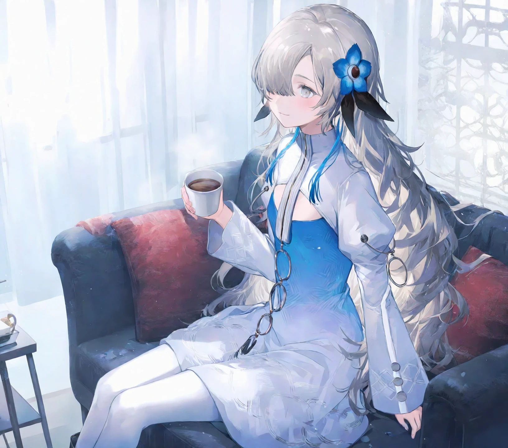 (miyuki \(miyuki0529\):1.1025),(nekonyan:1.1576),
holding coffee cup,
1girl, isekaijoucho, isekai joucho, blue hair flower, gray wavy long hair, hair over one eye, multicolored hair, white blue two-tone dress, blue white gradient dress, puffy long sleeves,
smile, blush,, cinematic lighting,  dynamic angle, close-up, sitting, sitting on sofa, from side, looking afar,
burry background, bokeh,
indoor, cozy warm living room,
masterpiece, best quality, amazing quality, very aesthetic, absurdres,
<lora:neg4all_bdsqlsz_xl_V91:1>    <lora:Isekaijoucho_anynoob_B:1.0>,