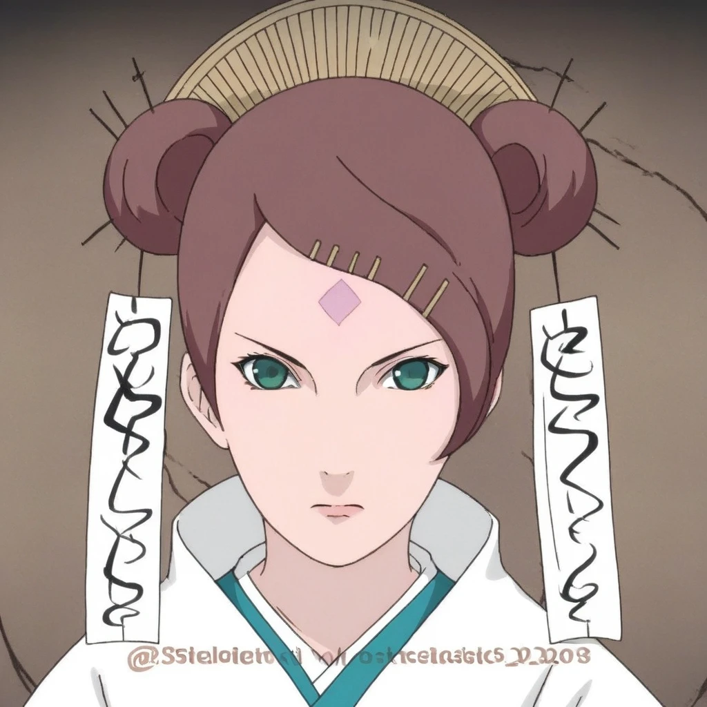 1 woman, double bun, solo, japanese clothes, brown hair, hairclip, 2 red hair buns, facial mark, black eyes, looking at viewer, closed mouth, green eyes, red hair, forehead mark, hair ornament