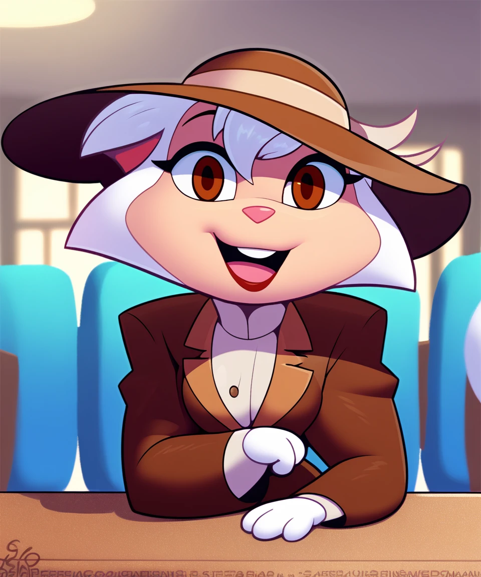 source_furry, solo, sawyer, female, brown eyes, brown suit, wide brim hat, open smile, looking at viewer, restaurant, by sssonic2,by sigma_x,by kilinah, <lora:SawyerXL_01-Pony-nd64-lr2-ep26:1>, score_9, score_8_up, score_7_up, score_6_up, score_5_up, score_4_up