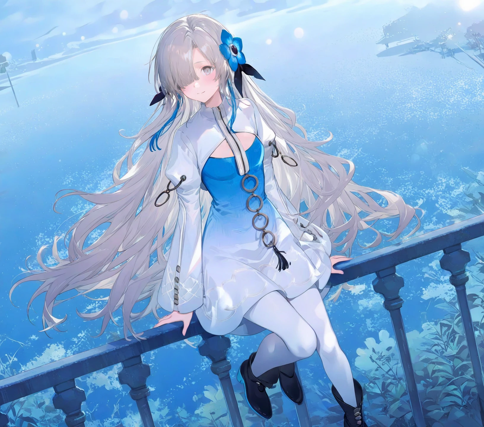 (miyuki \(miyuki0529\):1.1025),(nekonyan:1.1576),
1girl, isekaijoucho, isekai joucho, blue hair flower, gray wavy long hair, hair over one eye, multicolored hair, white blue two-tone dress, blue white gradient dress, puffy long sleeves, white pantyhose, high heel boots,
smile, blush, aroused, cinematic lighting,  dynamic angle, looking afar,
against railing, railing, 
burry background, bokeh,
outdoor, cherry blossom, riverside, water paddle, pedestrian,
masterpiece, best quality, amazing quality, very aesthetic, absurdres,
 <lora:Fixhands_anime_bdsqlsz_V1:1>    <lora:Isekaijoucho_anynoob_B:1>,ã