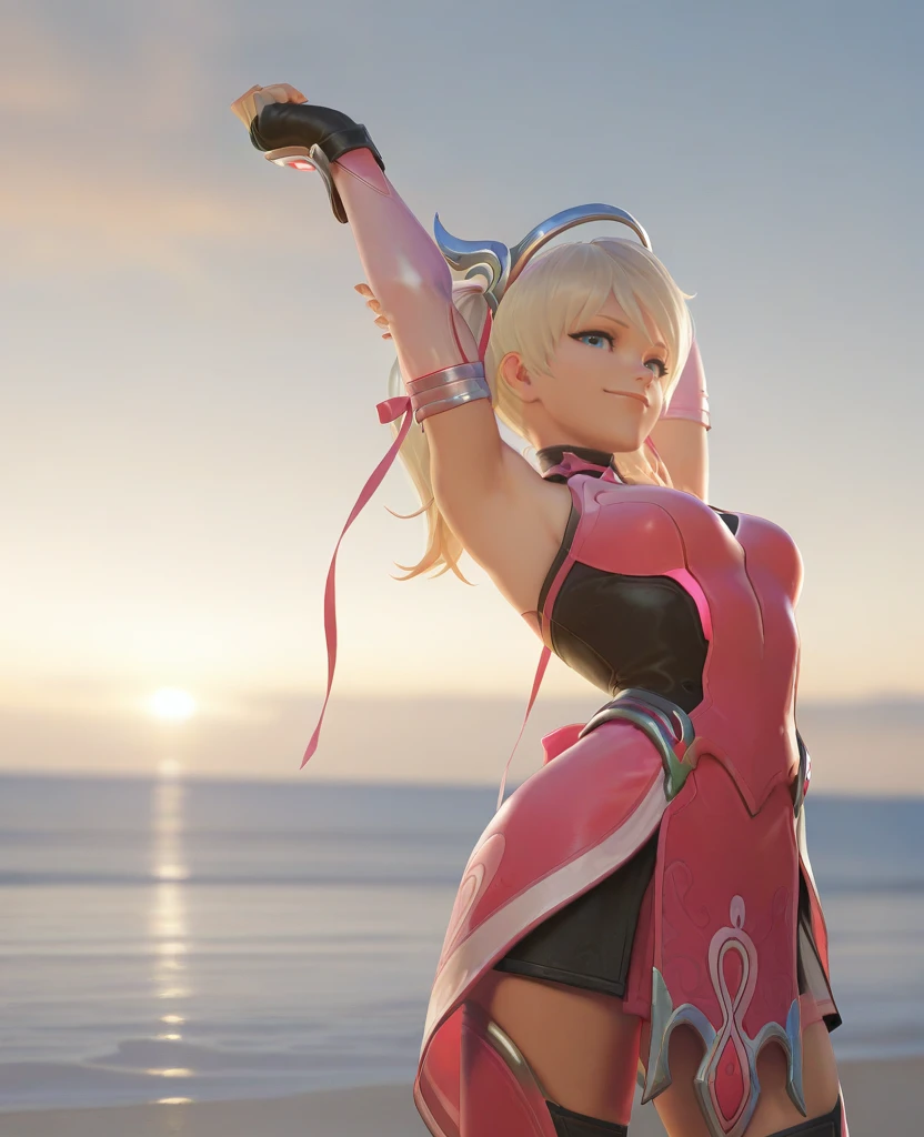 masterpiece, best quality, amazing quality, absurdres, highres, colorful, 3d, realistic,  ocean, seaside, water, sand, <lora:Pink_Mercy_Illustrious_Ult:0.7>, pkmercy, 1girl, breasts, blue eyes, short hair, blonde hair, fingerless gloves, elbow gloves, hair ribbon, bare shoulders, twintails, mechanical halo,  pink dress, pelvic curtain, looking at viewer, smile, arms up, stretching, from below