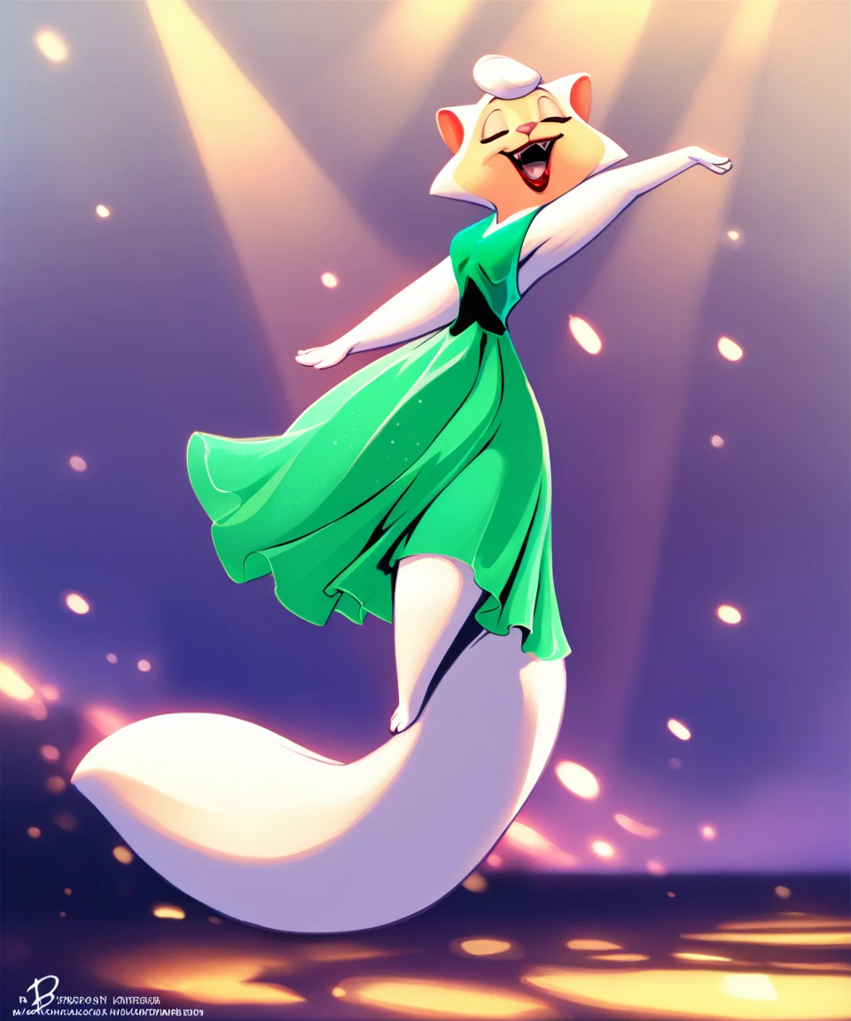 source_furry, solo, sawyer, female, eyes closed, lipstick, green dress, raised hands, leaning back, on one leg, head back, open smile, dancing, detailed background, college, by bose,by badroy, <lora:SawyerXL_01-Pony-nd64-lr2-ep26:1>, score_9, score_8_up, score_7_up, score_6_up, score_5_up, score_4_up