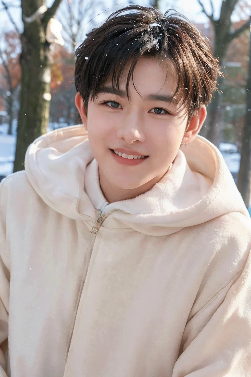 closeup portrait, 1boy, male focus, short hair, smile, teeth, wearing a cozy hoodie, winter season, cold breath visible in the air, soft expression, hands in pockets for warmth, snow-covered background, gentle snowfall, warm clothing, layered outfit, detailed winter landscape, overcast sky, peaceful and quiet winter setting, subtle blush from cold, light and shadow, warmth, photography, light feeling, fresh, 
<lora:AsianMan011:0.8>