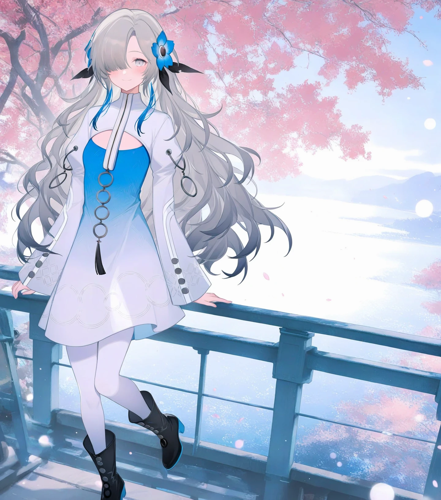 (miyuki \(miyuki0529\):1.1025),(nekonyan:1.1576),
1girl, isekaijoucho, isekai joucho, blue hair flower, gray wavy long hair, hair over one eye, multicolored hair, white blue two-tone dress, blue white gradient dress, puffy long sleeves, white pantyhose, high heel boots,
smile, blush, aroused, cinematic lighting,  dynamic angle, looking afar,
against railing, railing, 
burry background, bokeh,
outdoor, cherry blossom, riverside, 
masterpiece, best quality, amazing quality, very aesthetic, absurdres,
 <lora:Fixhands_anime_bdsqlsz_V1:1>    <lora:Isekaijoucho_anynoob_A:1>