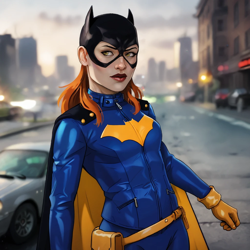 <lora:pumpkinsinclair_pony_v1:1> score_9, pumpkinsinclair_style, pumpkinsinclair, source_artwork <lora:batgirlburnside_pony_v1:0.8> BatgirlBurnside, 1girl, cape, domino mask, bodysuit, gloves, superhero, orange hair, cowboy shot