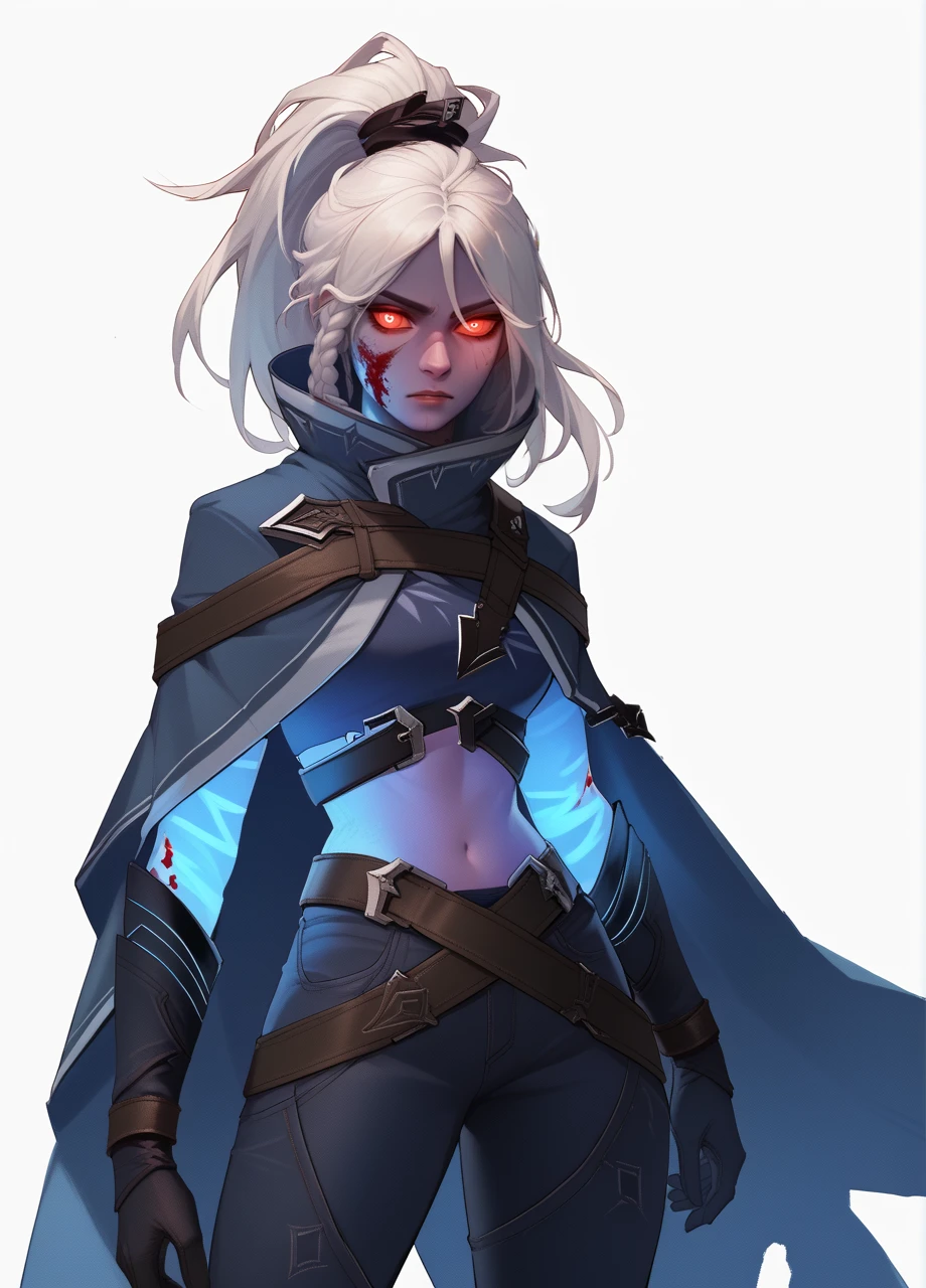 1girl, solo, cowboy shot, white background, arcdrow, colored skin, white hair, ponytail, red eyes, braided sidelocks, blood on face, glowing arm, blue cape, midriff, pants, crossed belts <lora:DotA_DrowRanger-PONY:1>, score_9, score_8_up, score_7_up, score_6_up,