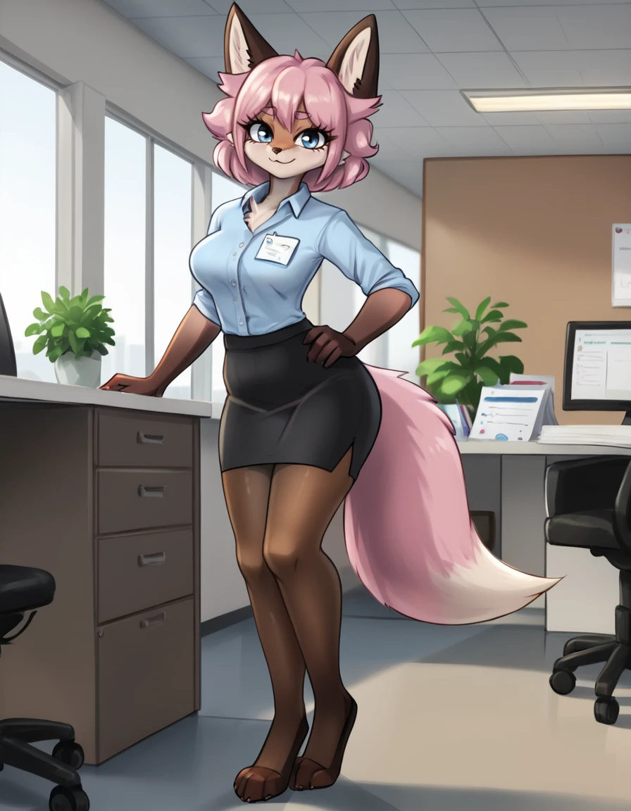 indoors,office,
Hazel,1girl,solo,fox girl,animal ears,pink hair,furry female,short hair,tail,blue eyes,nimal nose,body fur,pink fur,bangs,two-tone fur,fox ears,fox tail,sidelocks,
full body,seductive smile,long eyelashes,
office lady,pantyhose, 
<lora:Hazel_v01_PDXL:1>,
<lora:add-detail-xl:1>,