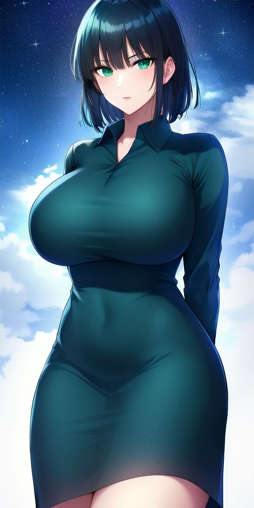 <lora:FubukiV1:0.7> fubuki_bob_cut, huge_breasts, standing, solo, arms_behind_back, starry_sky, green_collared_dress_wing_collar_long_sleeves, masterpiece, best_quality, detailed_face, detailed_eyes, highres, beautiful, detailed, absurdres,