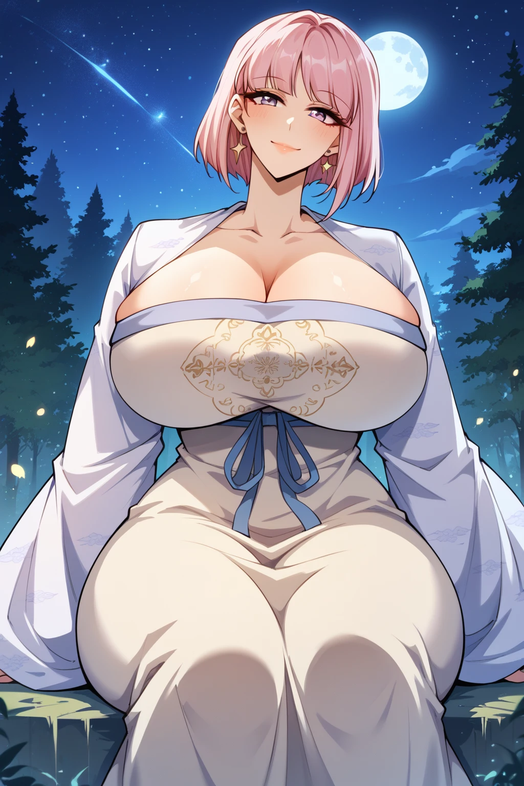 score_9, score_8_up, score_7_up, source_anime, Suwanling, purple eyes, pink hair, short hair, sleeves, strapless dress, white dress, blue tie, long sleeves, wide sleeves, skirt, long skirt, huge breasts, night, night sky, forest, moon, starry sky, sitting, looking at viewer, smile