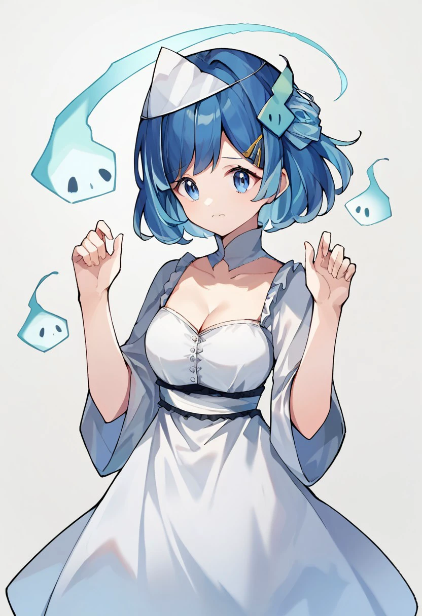 score_9, score_8, score_7, source_anime, ghost girl, hands up, full body, hair ornament, blue hair, upper body, triangular headpiece, teeth, cleavage, closed mouth, white dress