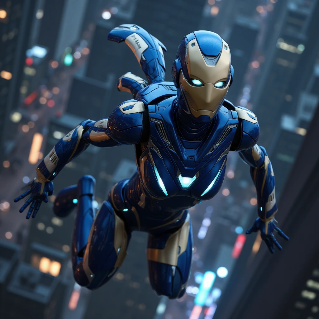 <lora:Pepper Pott Rescue Armor:0.9> a robot blue and gold pepper potts rescue armor is flying in the air over a city, night,night city lights background.