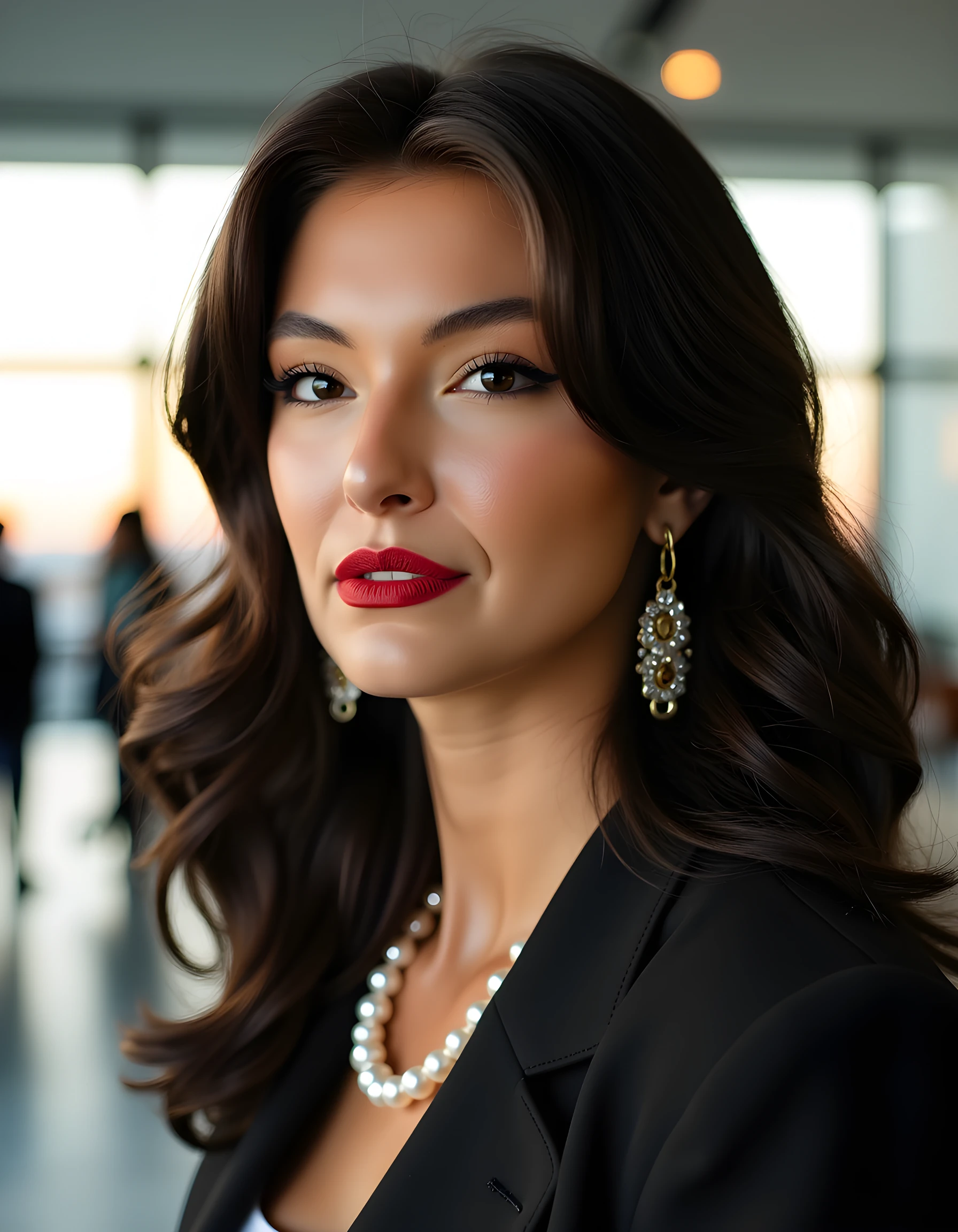 R4CH3LP, A high-definition, close-up image captures a woman of striking elegance and poise, her raven-black hair cascading in soft waves down to her shoulders, adorned with a tasteful pearl necklace and sparkling diamond earrings. Her lips are painted a bold red, accentuating her serious expression as she gazes intently at the viewer, all set against the minimalist backdrop of a sleek, modern office, bathed in soft, warm lighting from the evening sun filtering through floor-to-ceiling windows. The image is captured from a slightly elevated angle, highlighting her sophisticated business casual attire, perfectly tailored to accentuate her silhouette and convey an air of authority and confidence.