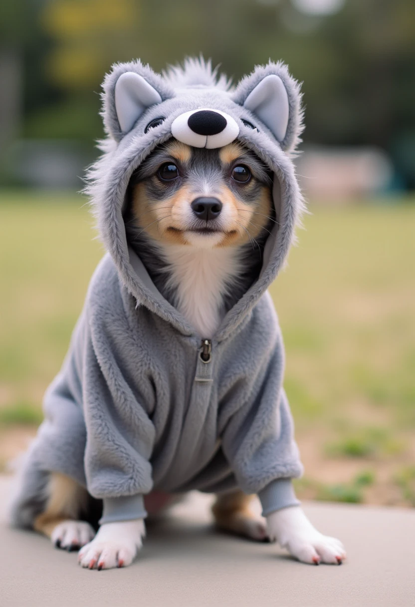 <lora:Fuzzy_Onesie_Fitter_FLUX-000021:0.8>
Photograph featuring a small dog wearing a grey onesie with a hood designed to resemble a wolf, standing outside.