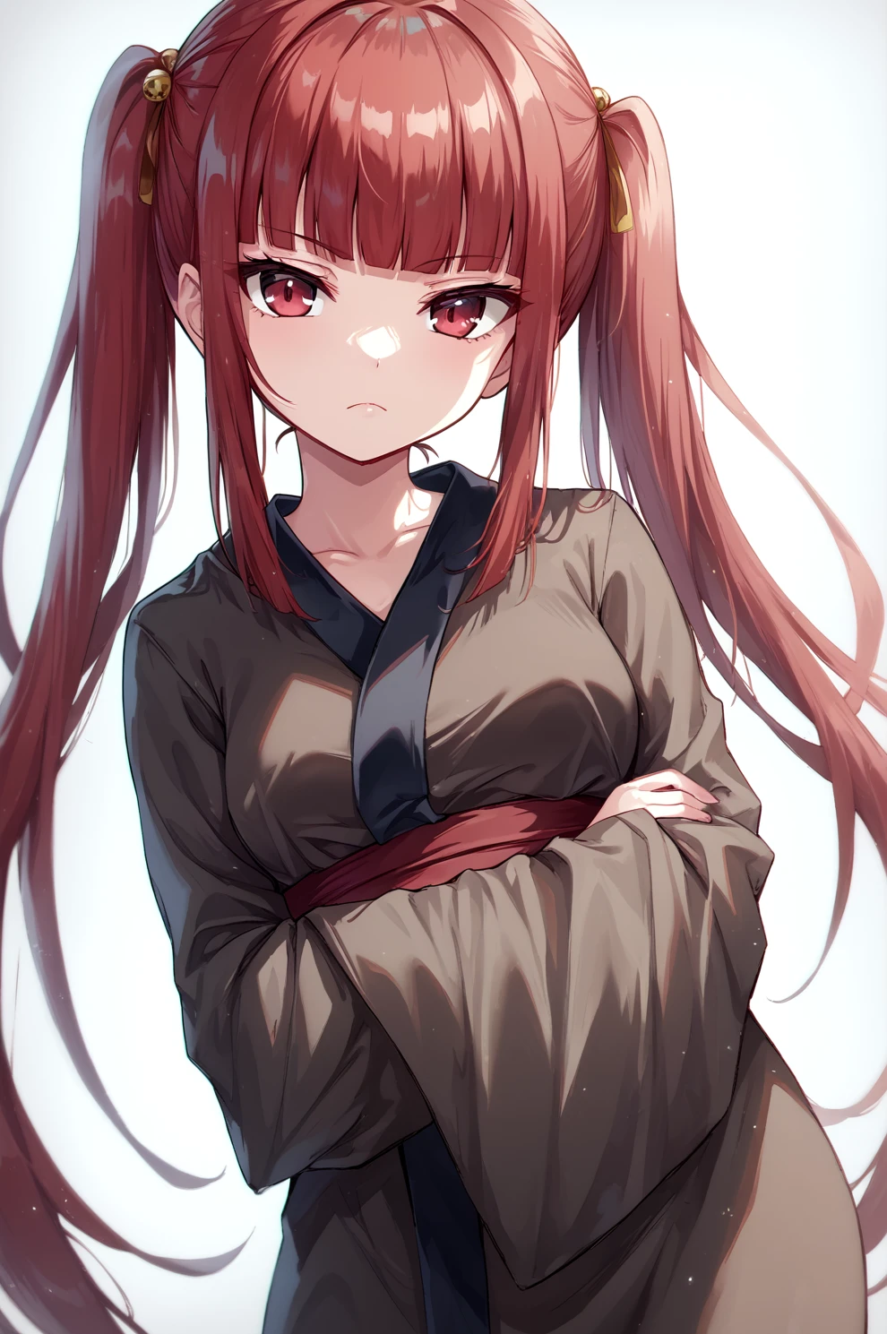 score_9, score_8_up, score_7_up, source_anime, perfect lines, ((oborozuka akari)), red hair, black kimono, 1girl, twintails, long hair, blunt bangs, serious <lora:onibiv3-15:1>