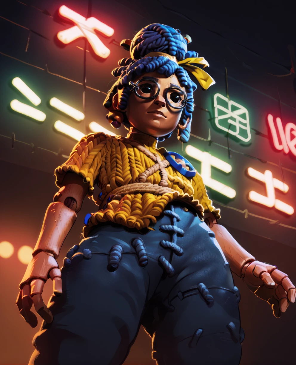 score_9,score_8_up,score_7_up,
mayxl,blue hair,dreadlocks,hair bun,black eyes,glasses,joints,
solo,from below,
yellow shirt,hair ribbon,short sleeves,pants,
neon lights,night,
<lora:Mayxl:0.9>,