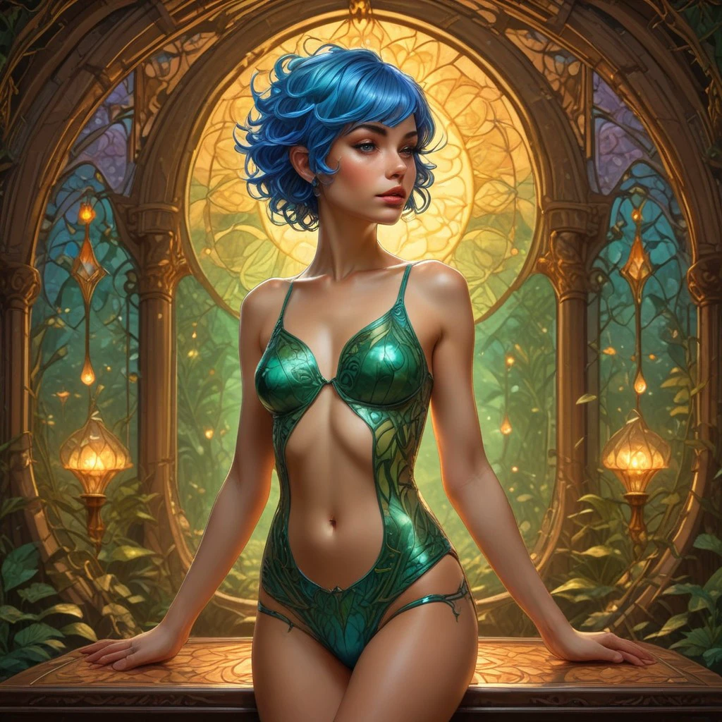 shiny clothes, panties, arms at sides, vase, barefoot, from side, glass, navel cutout, blue hair, jungle background, looking at viewer, green theme rave, young woman detailed, solo, realistic, art nouveau stained glass, glowing day lights, green bikini, realistic, lips, short hair, hand on hip