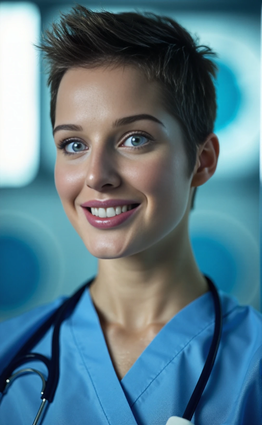 A professional photograph of a young woman Helen_Flanagan working as a nurse in a hospital, stock photograph, brunette pixie cut hair, detailed skin, bokeh, female focus, SFW <lora:Helen_Flanagan:1>