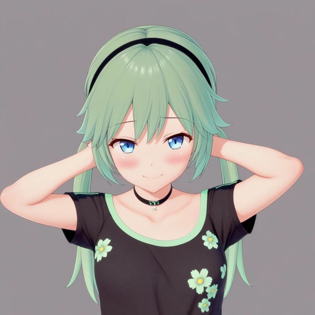 arm behind head, balck and green t-shirt, black headband, blush, choker with flowers, cowboy shot, elbow bent, from front, io, looking at viewer, mouth closed, render, scratching head, smile, twintails, simple background, blue eyes