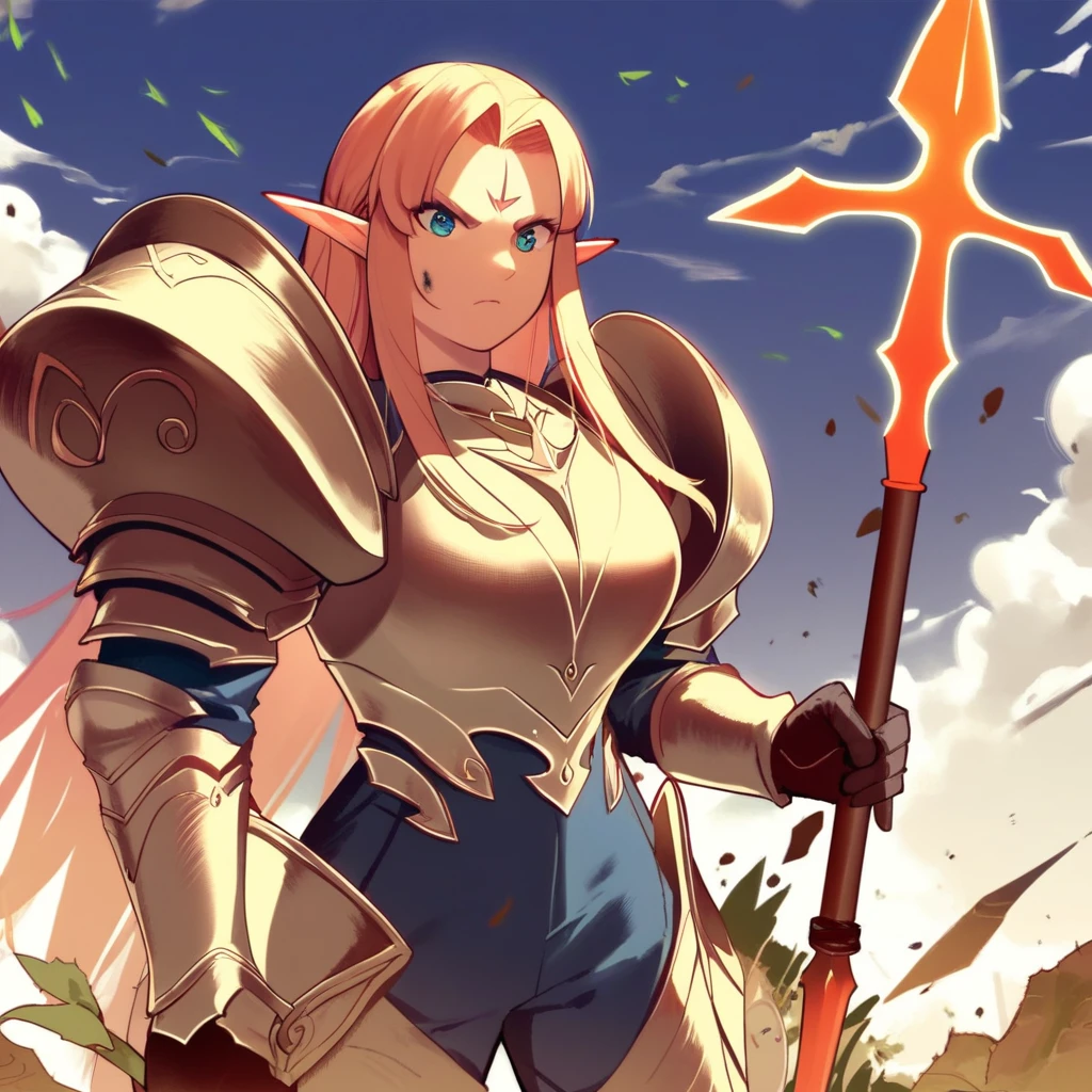 score_9,score_8_up,score_7_up, monica_(kichiku_eiyuu), 1girl, solo, long hair, pointy ears, facial mark, forehead mark, bangs, large breasts,  elf, monicch001, armor, shoulder armor, gloves, pauldrons, weapon, holding, polearm, spear,