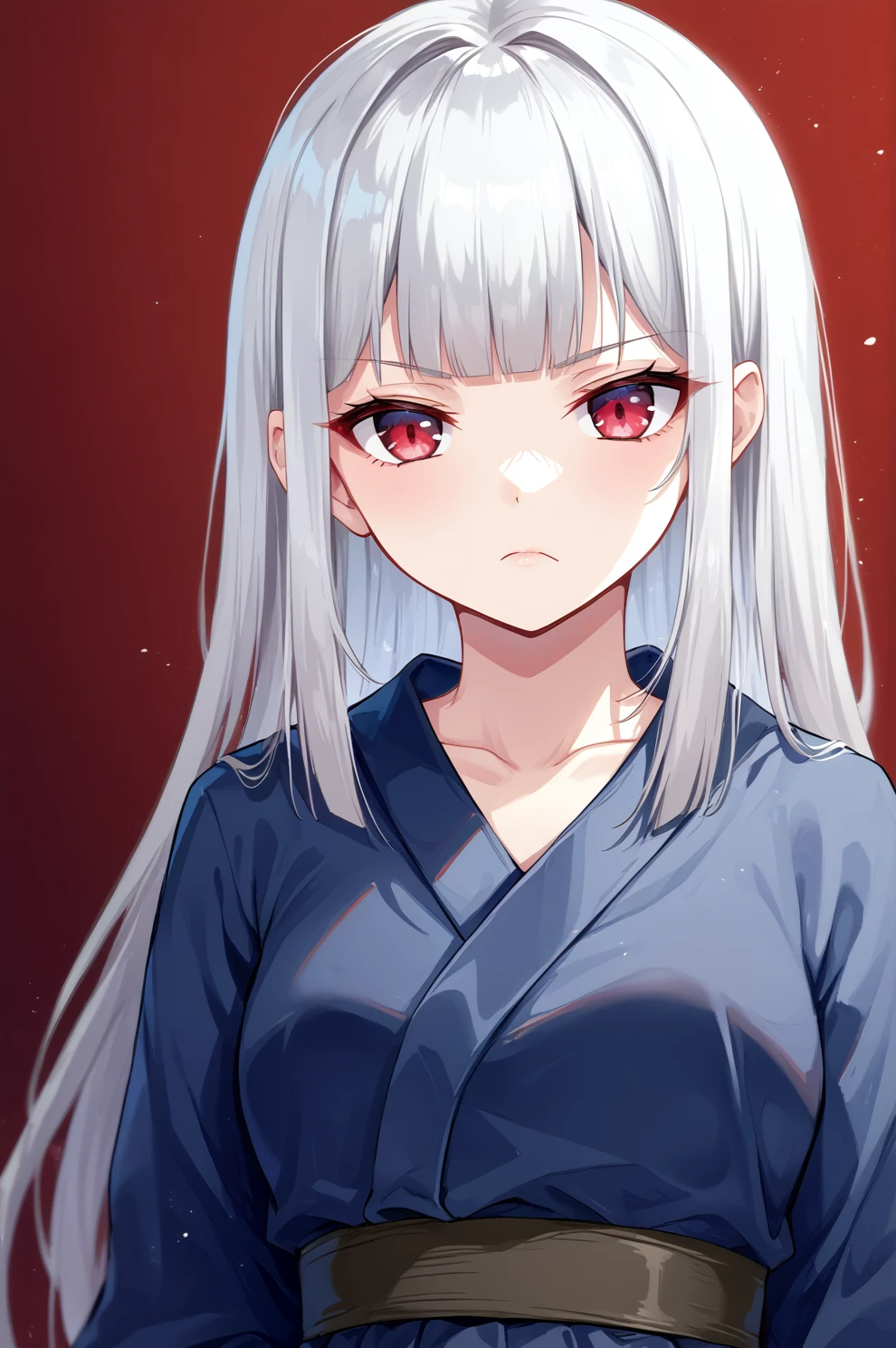 score_9, score_8_up, score_7_up, source_anime, perfect lines, ((oborozuka akari)), white hair, grey hair, blue kimono, 1girl, hair down, long hair, blunt bangs, serious <lora:onibiv3-15:1>