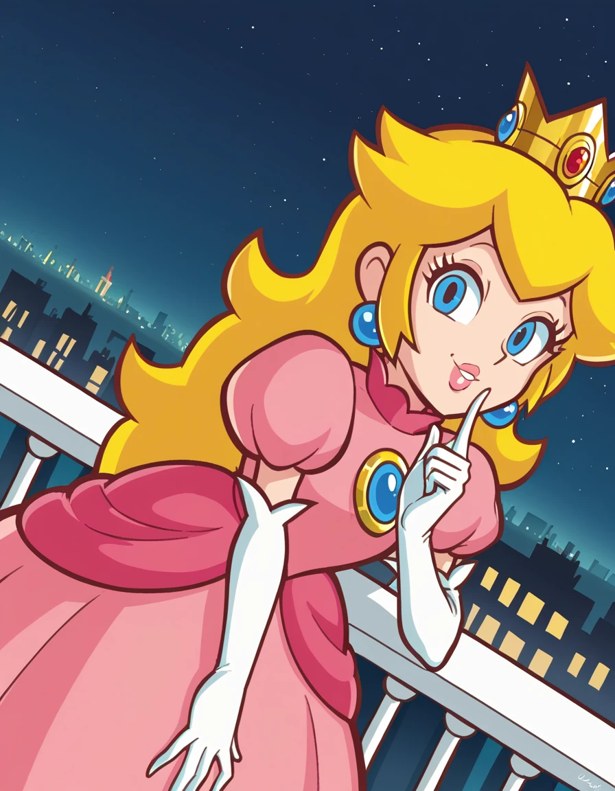 score_9, score_8_up, score_7_up, source_anime, <lora:super-princess-peach-ingame-ponyxl-lora-nochekaiser:1>, princess peach, blonde hair, blue eyes, long hair,, crown, dress, gem, gloves, pink dress, puffy short sleeves, puffy sleeves, short sleeves, white gloves,, city skyline, rooftop view, night time, city lights, quiet reflection, , bent over, smug,, looking at viewer, solo,, dutch angle, cowboy shot