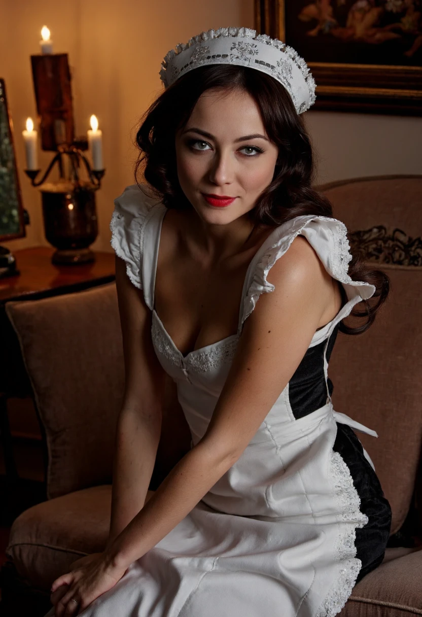 {    "T5": "A photograph of Zoe Voss, posing confidently in a luxurious boudoir, dressed in a provocative French maid costume, complete with a white apron, lace trim, and a matching cap. Her porcelain skin glows with a subtle sheen, and her raven-black hair cascades down her back in loose waves. Her bright red lips curve into a sly, knowing smile, as she gazes directly at the camera with an air of sophistication and seduction. The atmosphere is heavy with the scent of opulence and decadence, and the subtle play of shadows on her skin adds depth and dimension to the image. The camera, a Hasselblad medium format, captures every nuance of her expression and the intricate details of her costume, with a shallow depth of field that blurs the ornate furnishings of the boudoir into a soft, velvety haze.",    "CLIP": "Helmut Newton, French maid costume, luxurious boudoir, porcelain skin, raven-black hair, red lips, sly smile, sophisticated, seductive, opulent, decadent, Hasselblad medium format, shallow depth of field, ornate furnishings, soft focus background" }