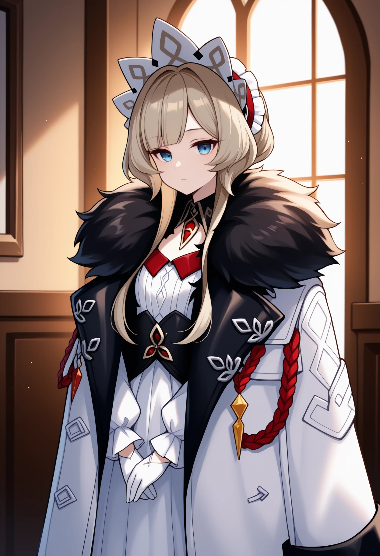 masterpiece, best quality, <break> solo, 1girl, sandrone, expressionless, looking at viewer, standing, blonde hair, short hair with long locks, headdress, blue eyes, fur trim, white coat, fur-trimmed coat, coat on shoulders, white dress, long sleeves, white gloves, indoors
<segment:yolo-Anzhc Face seg 640 v2 y8n.pt,0.4,0.5//cid=1>