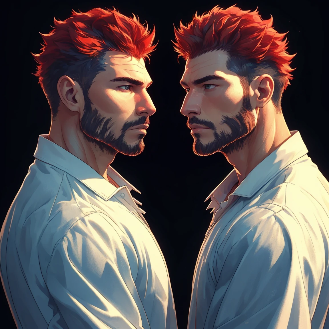 realistic, 8K, masterpiece, high details, high quality, (realistic:1.1), ultra quality, highly detailed, ultra HD, ultra quality, elegant, highly detailed, ultra realistic, photograph, male twins, side by side, blue and red,  <lora:GeminiSign:0.66>