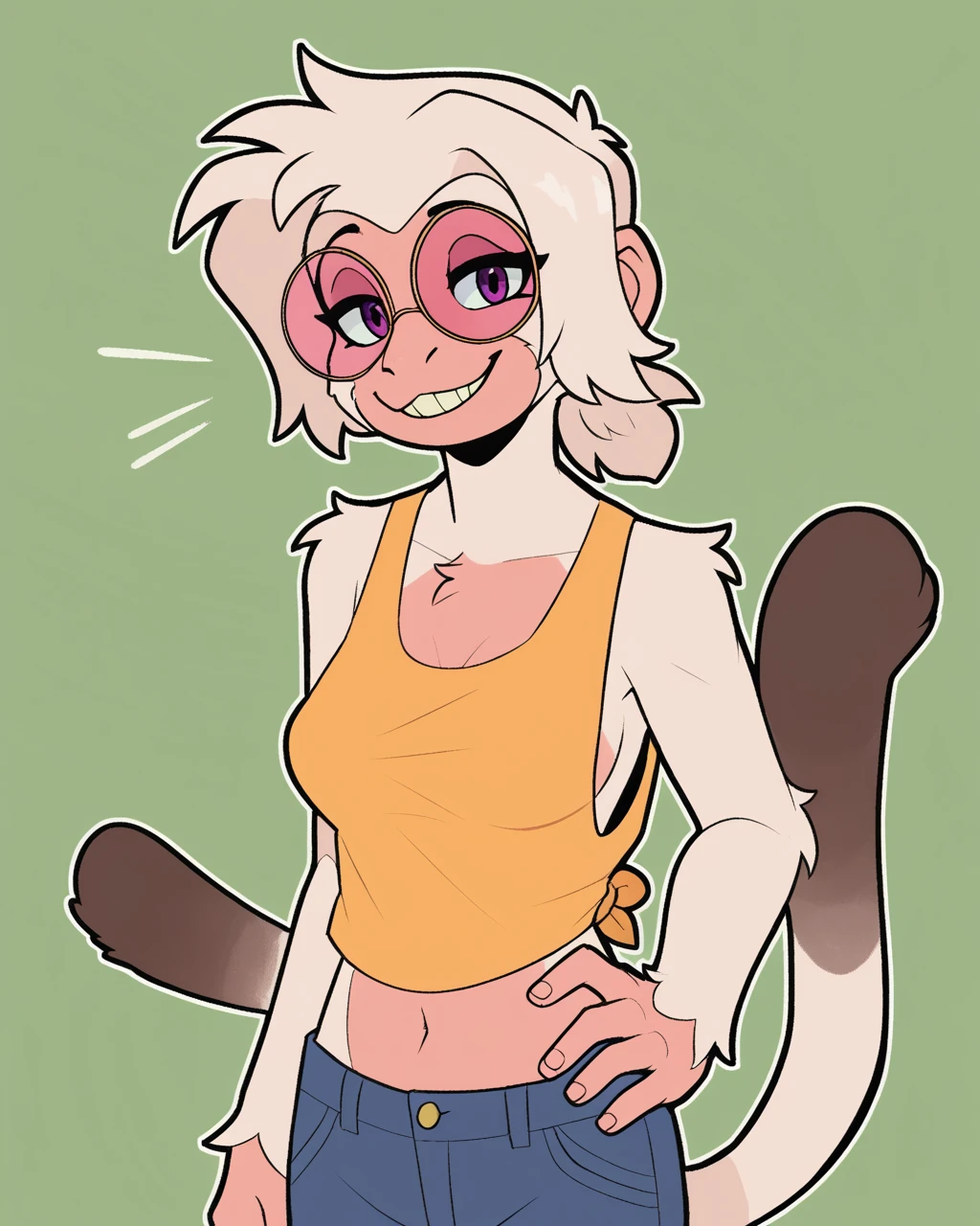 girl, alone, white background, furry, anthropomorphic goat, anthro, animal body, asriel, undertale, big chest, big ass, wide hips, tall stature, green eyes, cartoon, smile, blue coat, black t-shirt, brown pants, face for the viewer.