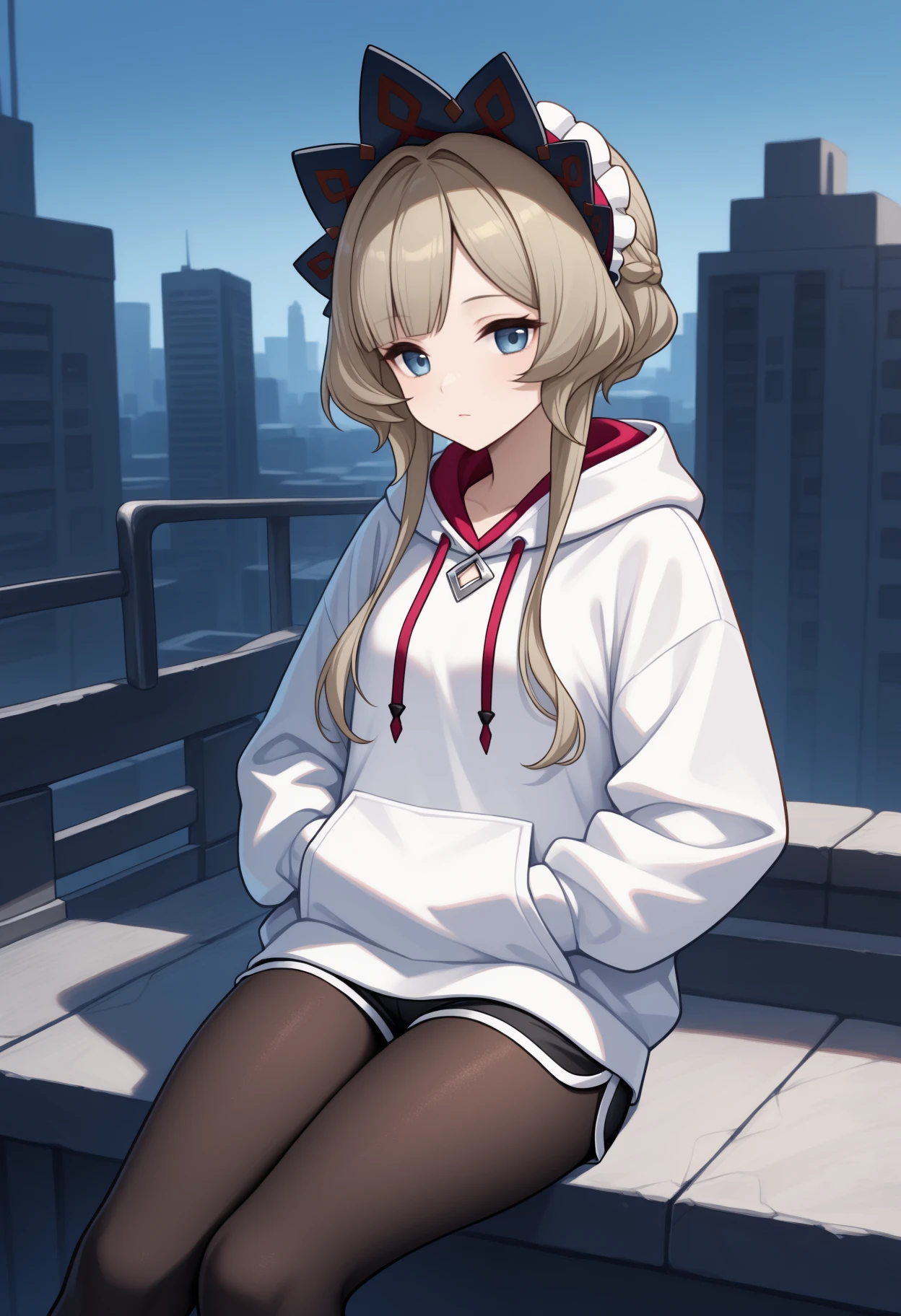 masterpiece, best quality, <break> solo, 1girl, sandrone, sitting, stair, hands in pockets, blonde hair, short hair with long locks, headdress, blue eyes, white hoodie, drawstring, black shorts, dolphin shorts, black pantyhose, outdoors, city
<segment:yolo-Anzhc Face seg 640 v2 y8n.pt,0.4,0.5//cid=1>