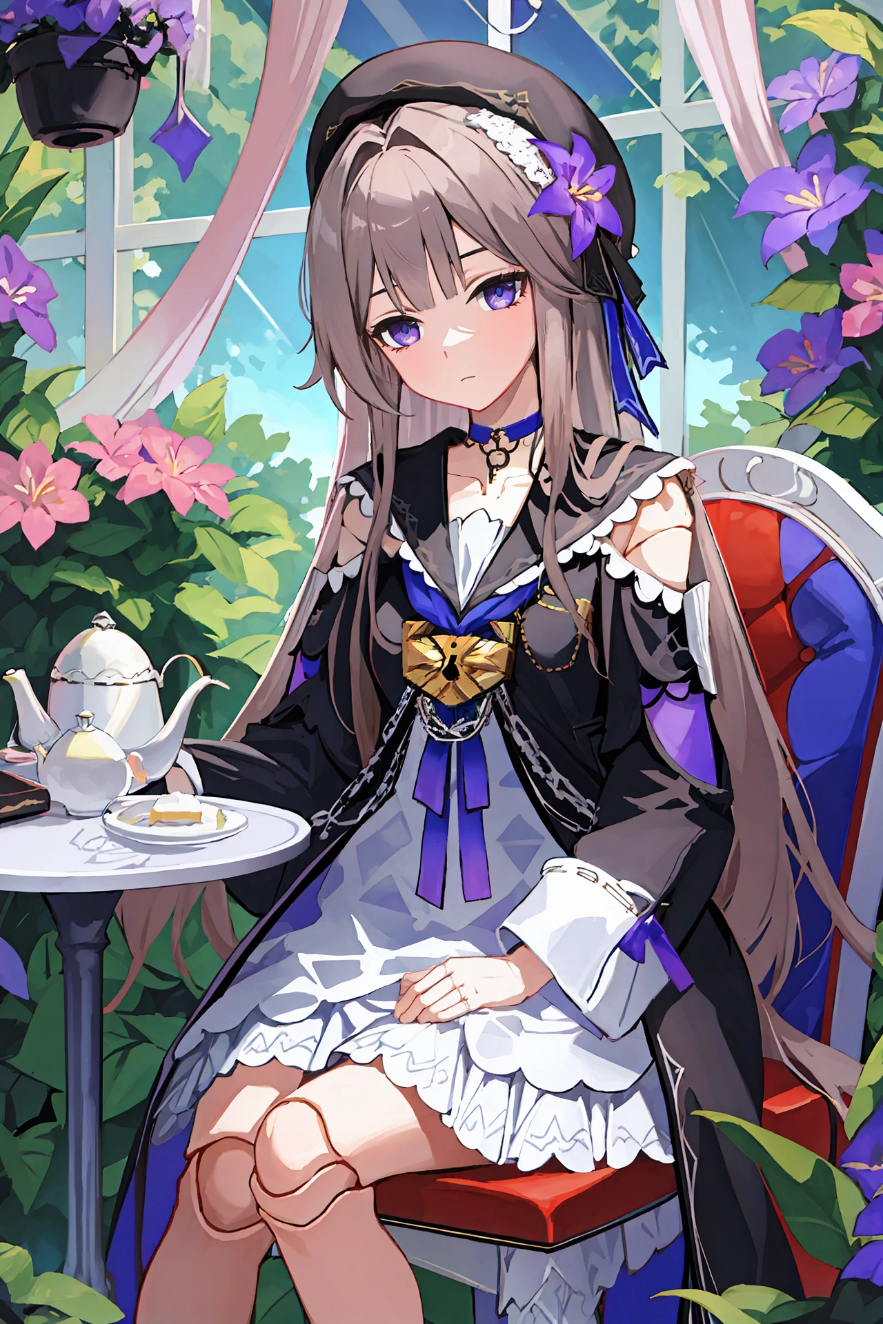 1girl, herta \(honkai: star rail\), doll joints, beret, white dress, black jacket, sailor collar, key necklace, chain, shoulder cutout, sitting, looking at viewer, head tilt, stool, conservatory, cake, teapot, table, flower, tree, sunbeam, depth of field