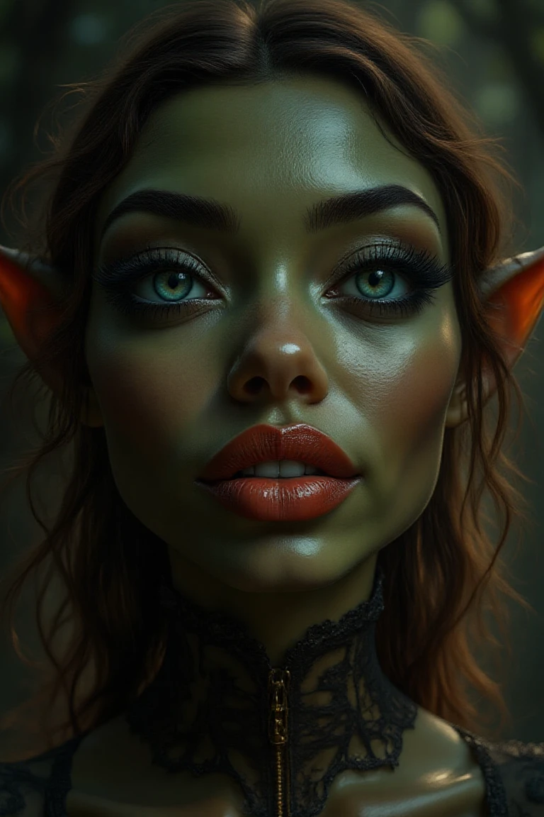 Spooky Art Drawing. Frontal photo of very beautiful black woman, perfect blue eyes, plump red lips, beautiful makeup, black background, soft side light, high detail, masterpiece of photography,goblin woman