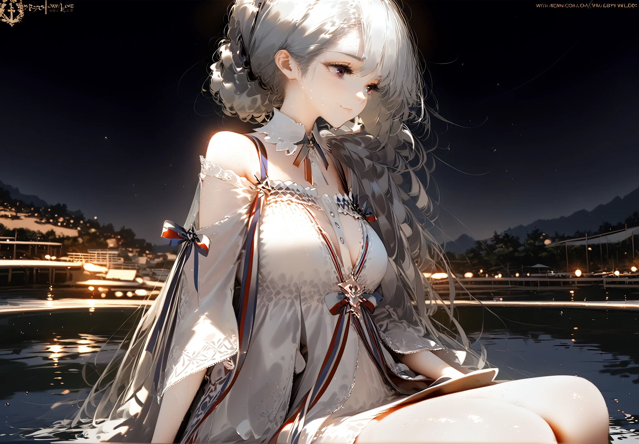 1girl,{{dunkerque \(afternoon venus\) \(azur lane\),20 years girl,white hair,pink eyes,shiny skin,wet skin,milf}},modare,wlop,artist:blushyspicy,artist:reoen,realistic,2023,smile,sweat,perfect eyes,night,blooming,dress,blur,anaglyph,mixed-sex_bathing,onsen,outdoor,shiny skin reflection,from side,steaming body BREAK {{best quality}},{{amazing quality}},{{very aesthetic}},masterpiece,{{high contrast,colorful,detailed light,light leaks,beautiful detailed glow,best shadow,cinematic lighting,ray tracing,sidelight}},best quality,looking at viewer,shy,amazing quality,very aesthetic,absurdres,seductive smile,sweat,perfect eyes,blooming,blur,anaglyph,shiny skin reflection BREAK {{best quality}},{{amazing quality}},{{very aesthetic}},masterpiece,best quality,amazing quality,office,harbor,milf,very aesthetic,absurdres,best quality,amazing quality,very aesthetic,absurdres,sitting on a bench,<lora:HerrscherAGGA_Kawacy_PS_V1:0.6>,<lora:Ohisashiburi_Style:0.6>,<lora:dunki:1>,