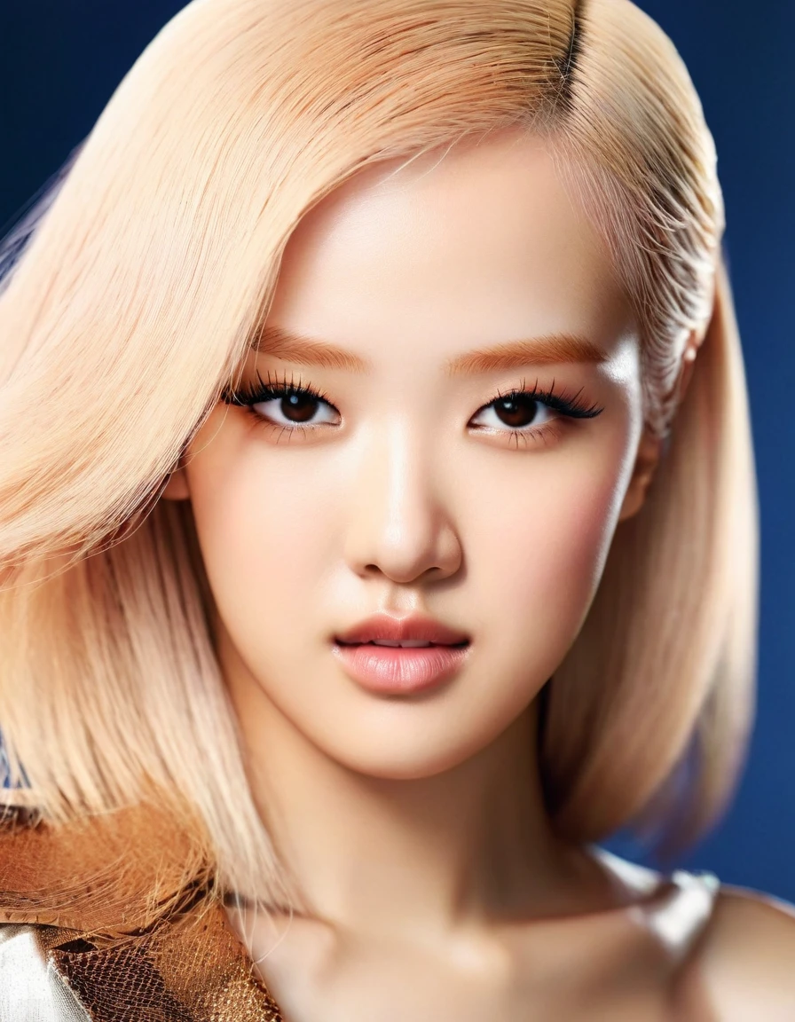 ros3blackpink, cinematic still Create a high-resolution, hyper-realistic close-up portrait of a model with a playful, bold expression. She giving a slight smirk. Her makeup is glamorous yet refined. Her blonde hair is styled with an artistic flair adding a sense of drama. The background is rich and textured or with a subtle abstract design, to amplify the boldness of the image. The lighting is even, giving an overall editorial feel