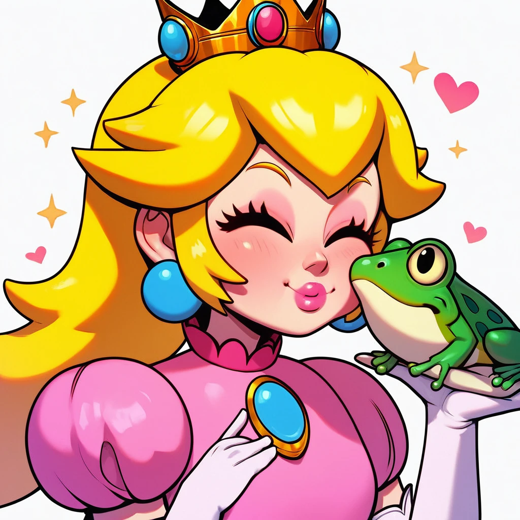 score_9_up,score_8_up,score_7_up,score_6_up, score_5_up, frog, kissing cheek, cute, princess peach, smile, eyes closed, holding frog, elbow gloves, (crown), flat color