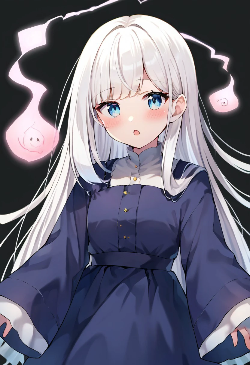 score_9, score_8, score_7, source_anime, ghost girl, 1girl, solo, looking at viewer, blush, dress, open mouth, hitodama, very long hair, long sleeves, white hair