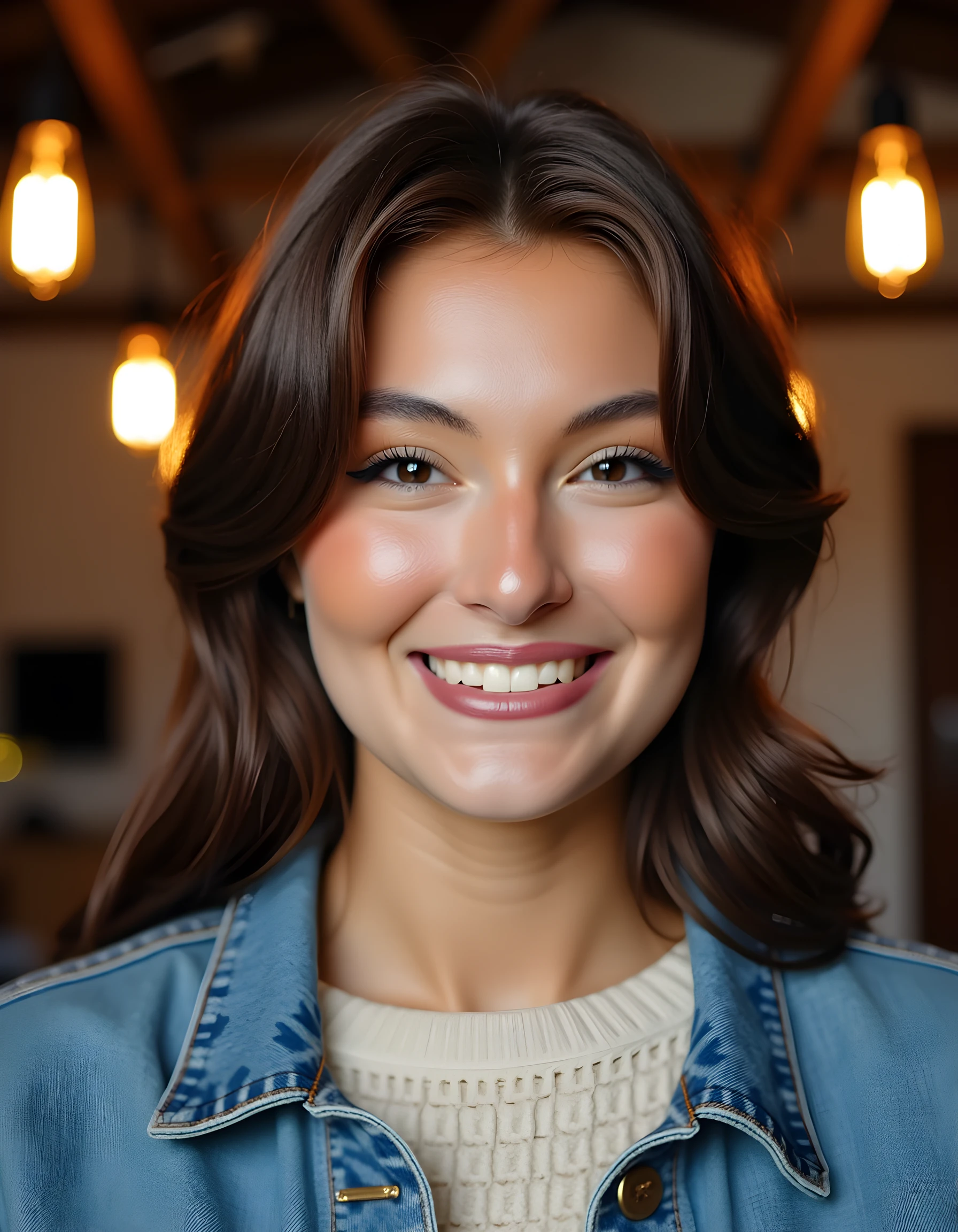 R4CH3LP, A close-up, high-definition image captures the radiant smile of a woman, her sparkling black eyes twinkling with joy as they meet the camera lens. Her teeth are perfectly aligned and gleaming white against the soft, rosy hue of her full lips. She is dressed casually yet elegantly in a fitted denim jacket, its worn-in texture and fading blue color adding to her effortless charm. The collar of a cozy, off-white sweater peeks out from beneath, its loose knit pattern accentuating the delicate curve of her neck. Her nose, slightly upturned at the end, reflects the warmth of her personality. A single strand of her chestnut hair falls softly across her forehead, framing a face that exudes tranquility and contentment. The background is blurred, focusing attention on her as she stands in the dimly-lit, rustic loft studio, surrounded by the soft glow of vintage Edison bulbs and the warm ambiance of aged wooden beams. The emotional tone of the image conveys a sense of genuine happiness and inner peace, making it an enchanting portrait of a woman who embodies both strength and grace.