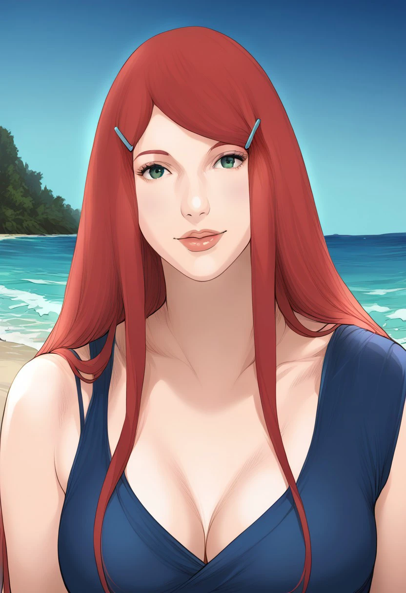 core_9_up , score_8_up , score_9 , score_8 ,  ,  , ,  , background = beach , , photorealistic,
realistic, photorealistic, Kushina Uzumaki, Red hair, 1girl, Long hair, Straight hair, Side-parted hair, Long bangs, Vibrant red hair, Green eyes, single blue hairclip , single blue hairpin , single blue hair ornament ,