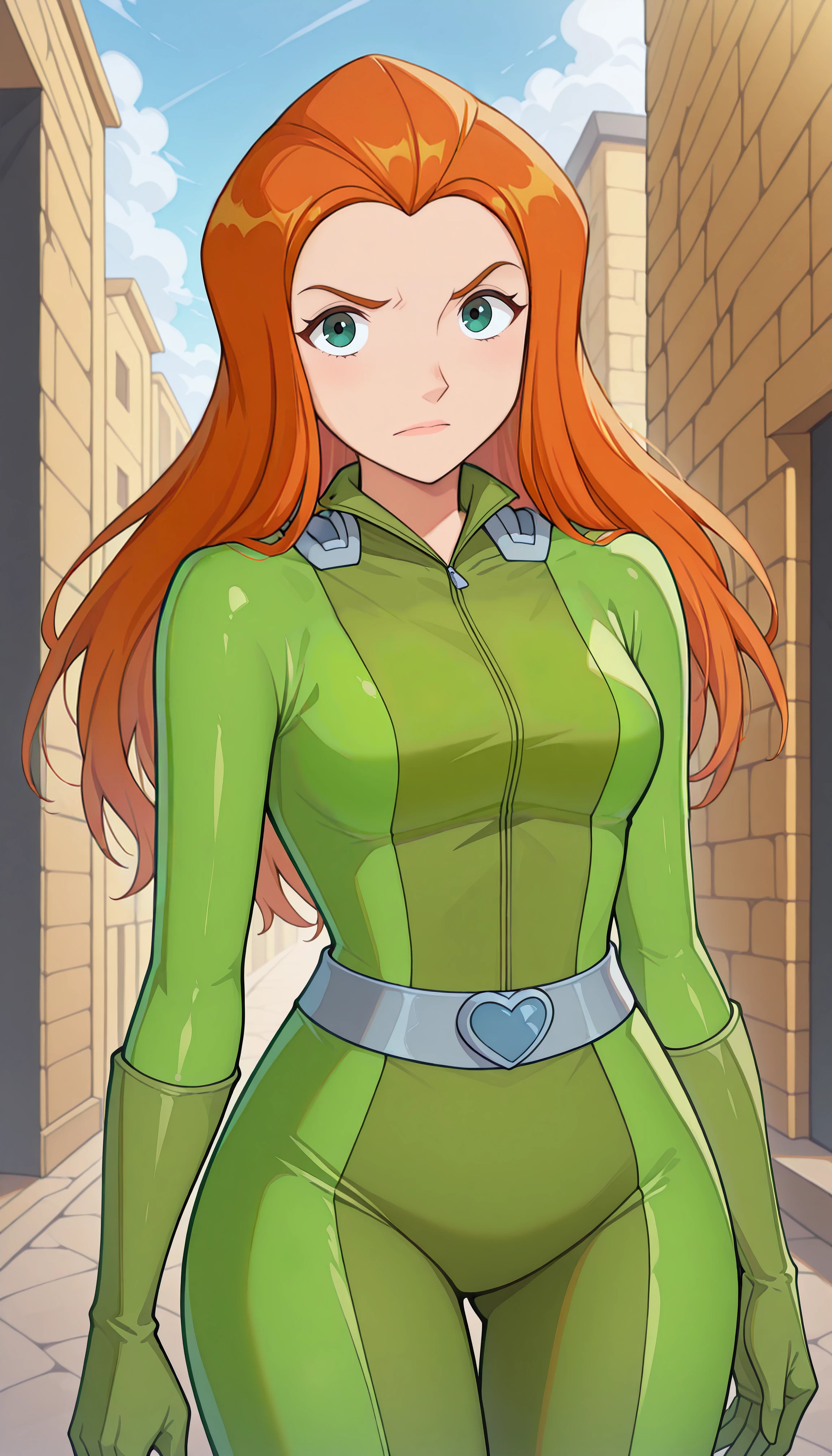 masterpiece, best quality, very aesthetic, 1girl, sam \(totally spies\), long hair, orange hair, green eyes, green bodysuit, belt, looking at viewer, outdoors <lora:hskc-sam-illust-v0.5:1>