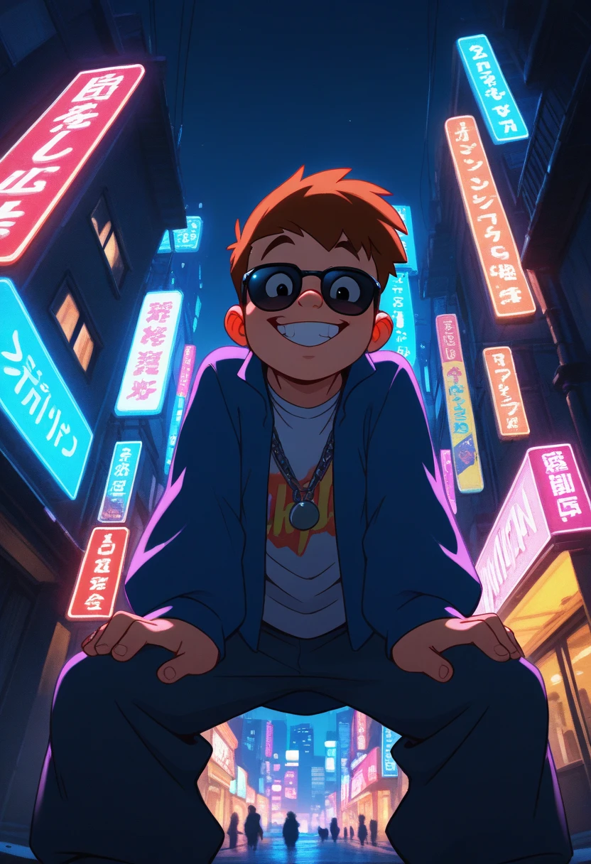 <lora:PP-Twins-Illustrious:1>,pptwins,(Male:1.6),brown hair, male focus, black eyes, buck teeth,
BREAK,
dark environoment, dark, neon lighting, glowing, hiphop theme, male child focus, leaning forward, looking down at viewer, expressive face, grin, sunglasses, hiphop clothes, jacket, asymmetrical print on clothes, chain necklace, pants, 1male child, blurry outdoors city street, cityscape, scenery, from below, dutch angle,, intricately detailed illustration, masterpiece,best quality,amazing quality,very aesthetic,absurdres,newest