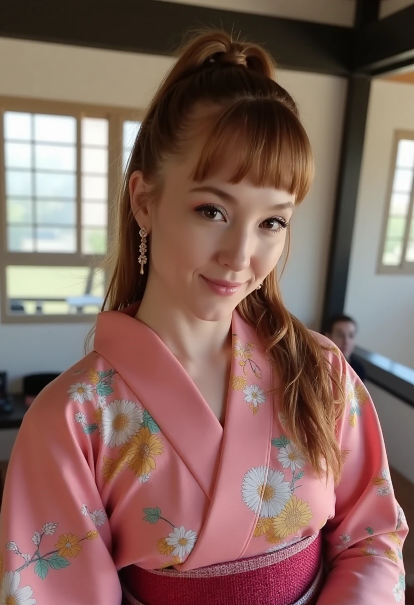 high resolution hdr photo of a beautiful caucasian woman wearing a kimono with obi looking at the viewer. she has very straight hime hair in a high ponytail with straight bangs with dark eyeliner heavy makeup and is smiling, sharp focus, <lora:Person_BikiniIfrit-FLUX:1>