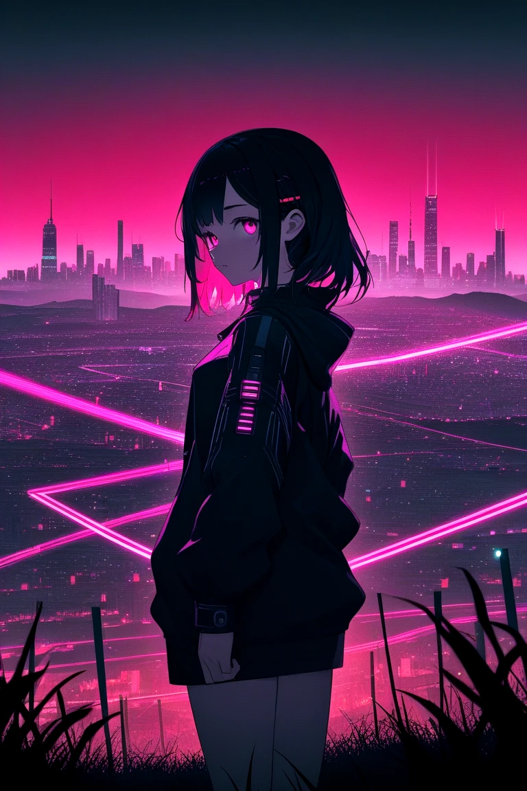 masterpiece, best quality, very aesthetic, absurdres, 1girl,looking at viewer,full body shot,sleeves,full body,:d,glitch art,glitching,glitch,scanlines,monochrome,outdoors,power lines,wide shot,reddish sky,grass,hill,expressionless,x hair ornament,city lights in background,city in background,skyscraper in background,skyline,stylish,dark theme, cyberpunk