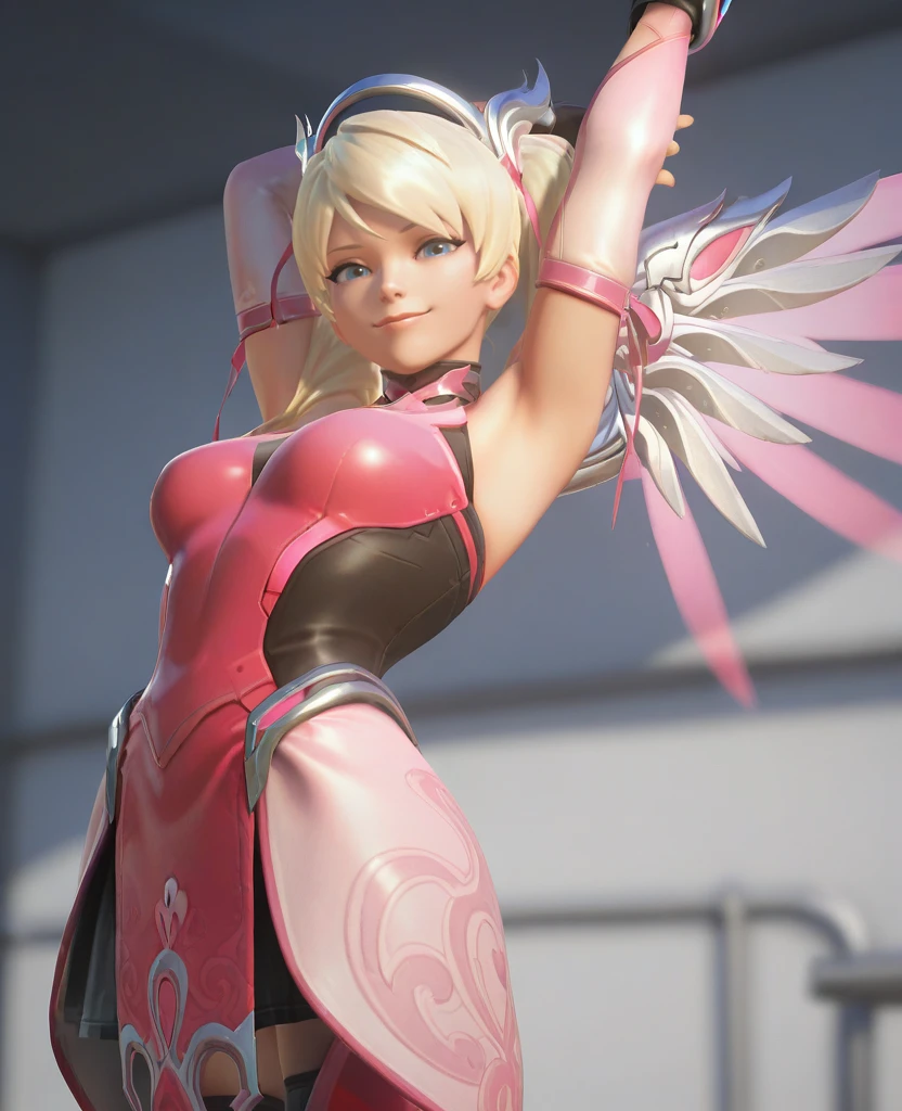 masterpiece, best quality, amazing quality, absurdres, highres, colorful, 3d, realistic,  <lora:Pink_Mercy_Illustrious_Ult:0.7>, pkmercy, 1girl, breasts, blue eyes, short hair, blonde hair, fingerless gloves, elbow gloves, hair ribbon, bare shoulders, twintails, mechanical halo,  pink dress, pelvic curtain, looking at viewer, smile, arms up, stretching, from below