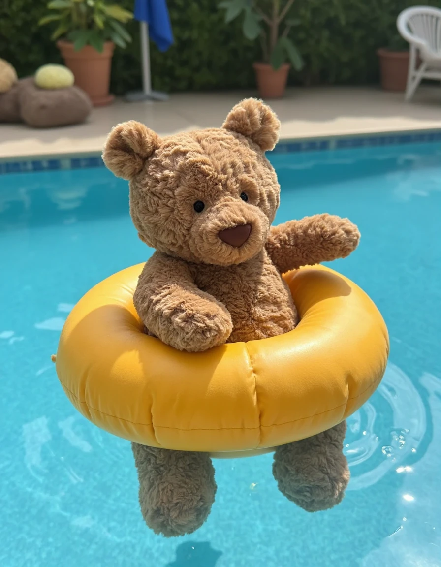 A bear toy swimming in the pool, swimming ring, sunny,warm lightï¼shot by sony ï¼Close up ï¼Blurred background <lora:å·´ç:0.7>