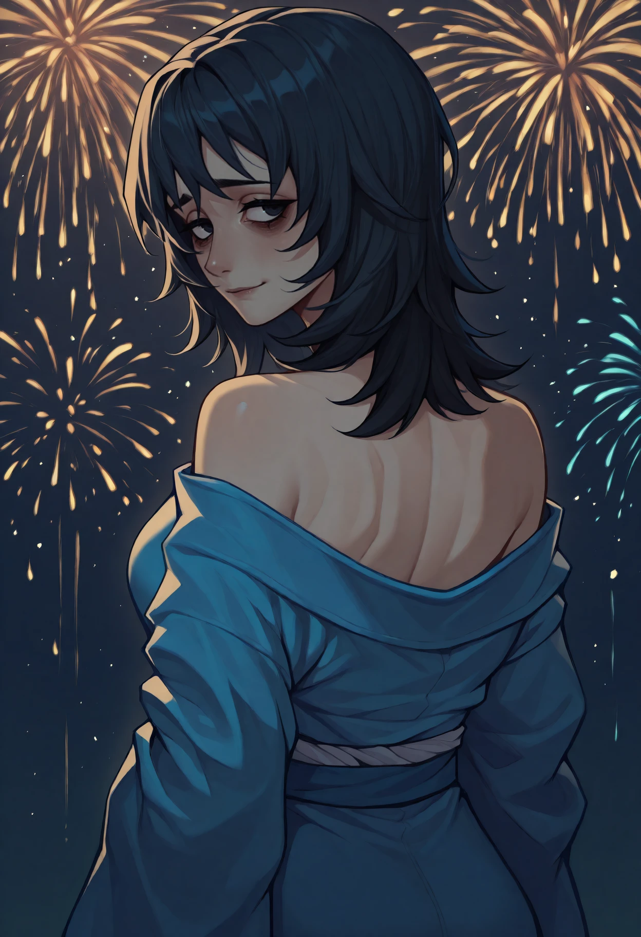 anime, masterpiece, best quality, <break> from behind, solo, 1girl, mthwshanya, slight smile, looking back, medium hair, black hair, black eyes, bags under eyes, japanese clothes, blue kimono, off shoulder, bare shoulders, fireworks
<segment:yolo-Anzhc Face seg 640 v2 y8n.pt,0.4,0.5//cid=1>