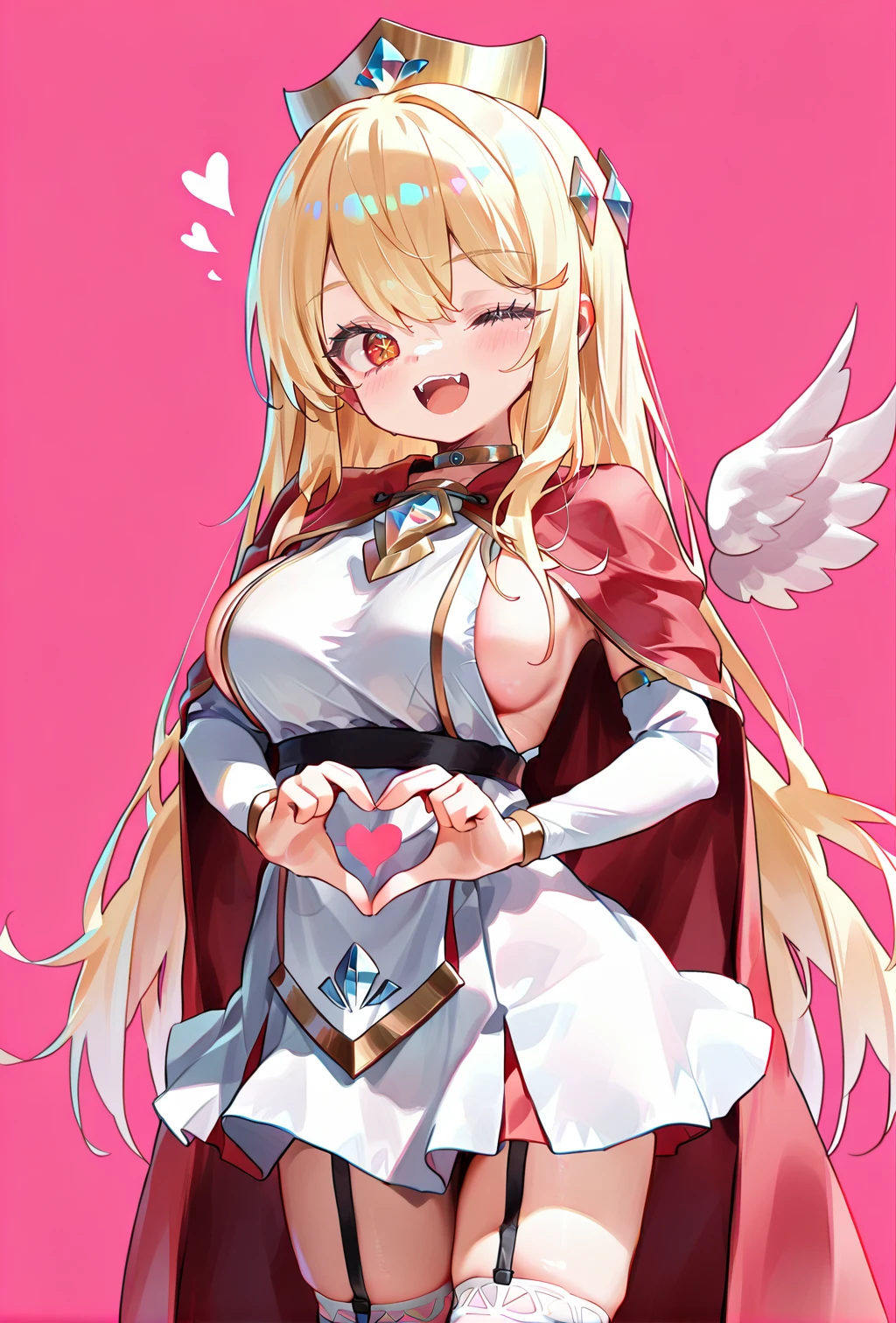 score_9, score_8_up, score_7_up, 1girl, <lora:Erpin:1>, large breasts, sideboob, fangs, open mouth, blonde hair, long hair, straight hair, white dress, crown, small wings, garter straps, white thighhighs, red eyes, +_+, red cape, heart hands, one eye closed, smile, light pink background, pastel colors, masterpiece, best quality, amazing quality, very aesthetic, absurdres, newest, scenery,  <lora:deal360acv illustrious 006:0.45>, <lora:dj_sloppa_ill_v2:0.2>, <lora:nyalia:0.35>