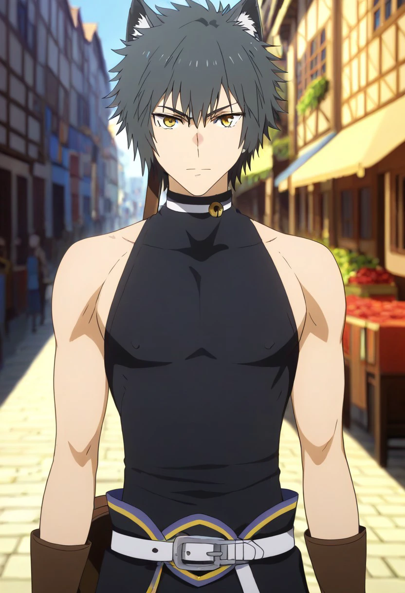 ((masterpiece)), ((best quality)), ((ultra-detailed)), ((absurdres)), score_9_up, score_8_up, score_7_up,
HD, top quality, best quality, amazing quality, High-quality illustrations, anime screencap, source_anime, best aesthetic, perfect proportions, perfect eyes, 1boy, 1male, solo boy, solo male, male focus, solo male focus, Anime, boy, male anime character, anime boy, handsome, cute, charming, easynegative, updn, Expressiveh, masterpiece, best quality, very aesthetic, absurdres, ((slim body, lean body)), Allen Fromel, black hair, cat ears, yellow cat eyes, cat tail, black black turtleneck, brown gloves, left shoulder single gray pauldron, right sleeveless, left long sleeve, ((cowboy shot, head to hips shot)), ((medieval town street, public place, noontime))